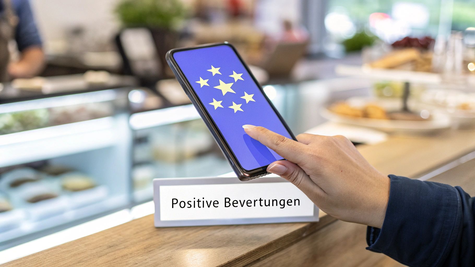 Eine Hand tippt auf ein Smartphone mit Sternen über einem Schild "Positive Bewertungen" an einer Theke.