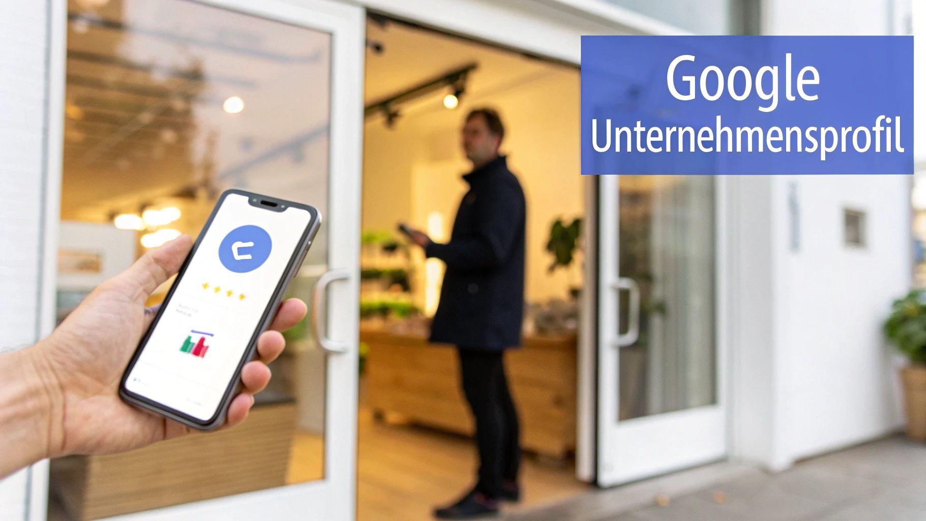 Eine Hand hält ein Smartphone mit einer Geschäfts-App, die Bewertungen zeigt, vor einem Laden mit Google Unternehmensprofil Banner.