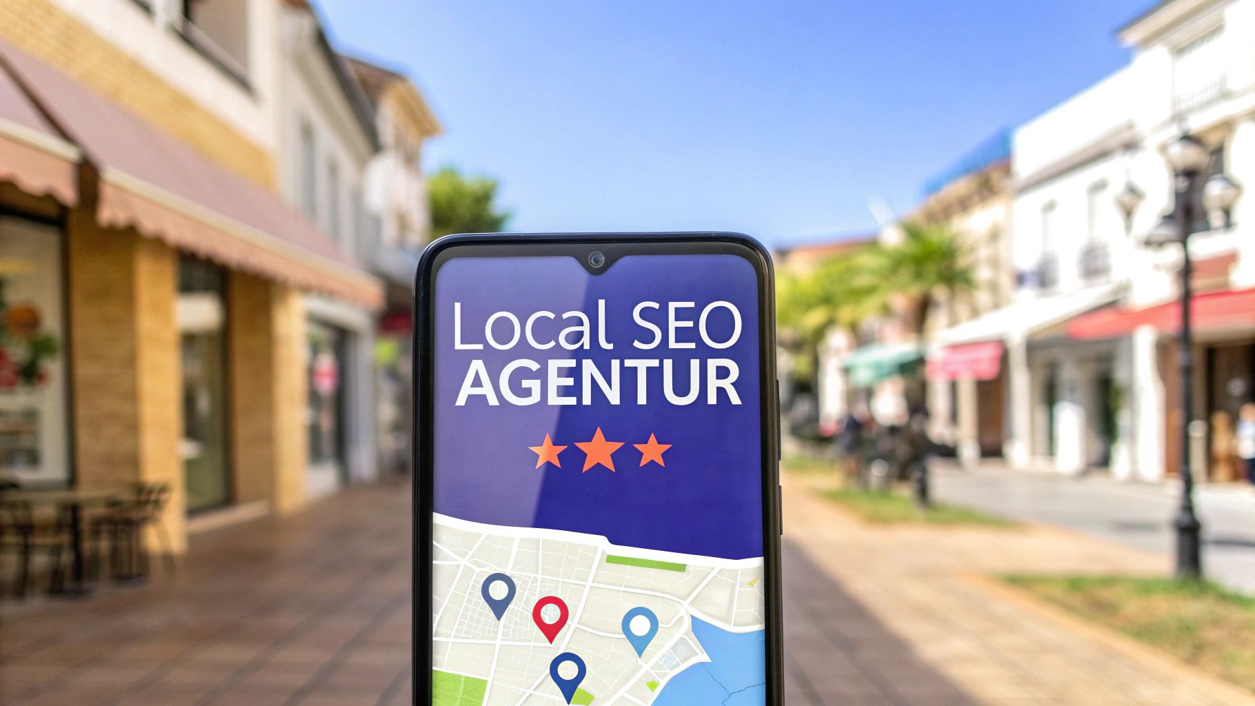 Ein Smartphone zeigt ‚Local SEO Agentur‘ mit Sternbewertung und Kartenansicht. Im Hintergrund ist eine belebte Einkaufsstraße zu sehen.