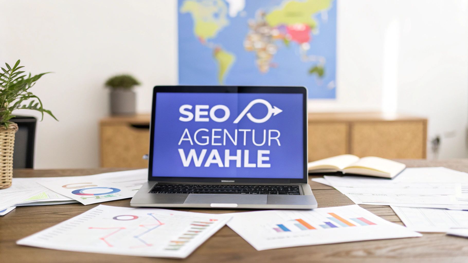 Ein Laptop auf einem Schreibtisch zeigt den Text ‚SEO Agentur wählen‘. Rundherum liegen Diagramme und Unterlagen, im Hintergrund hängt eine Weltkarte.