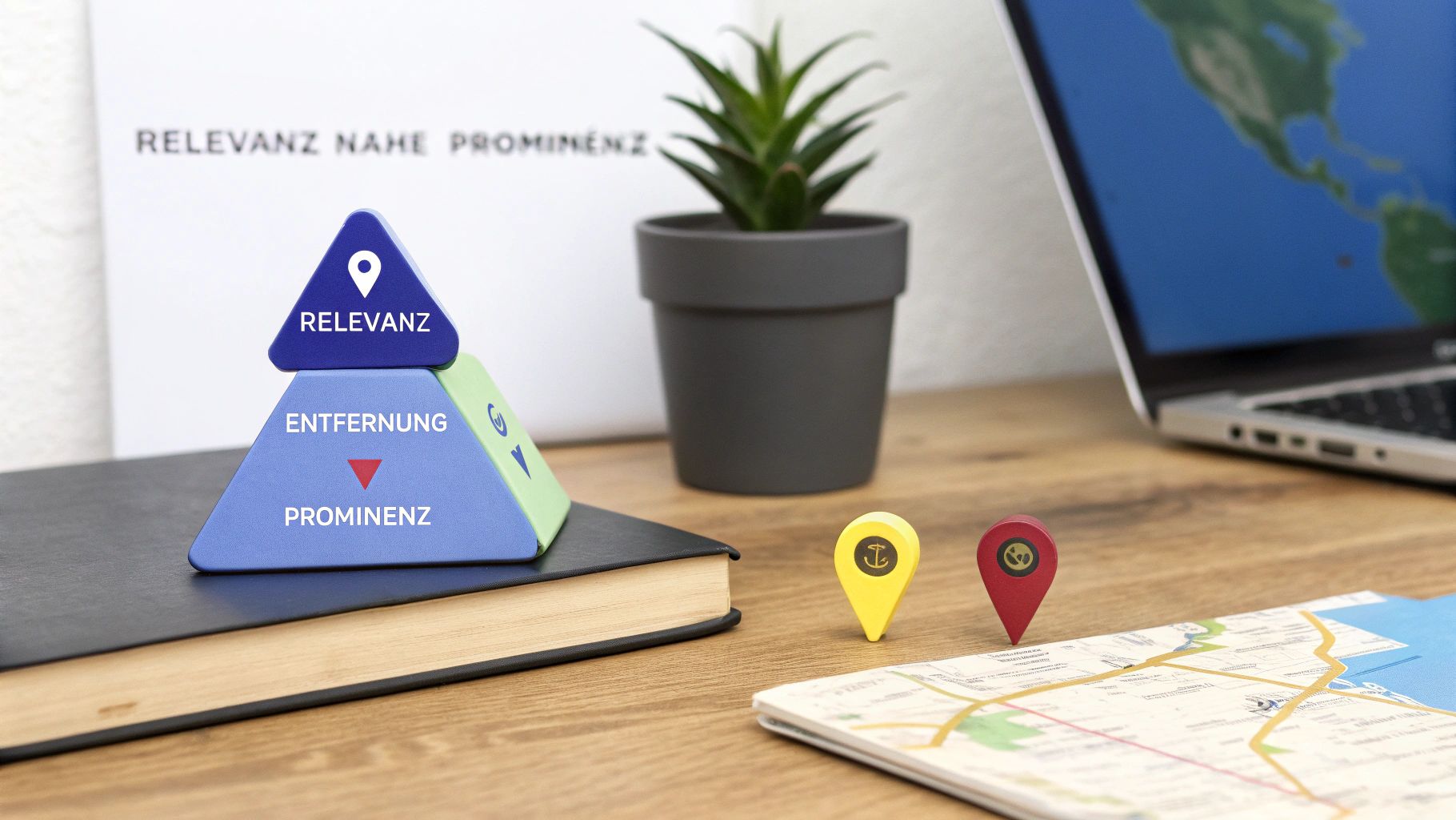 Schreibtisch mit einem Modell der lokalen SEO-Faktoren Relevanz, Entfernung und Prominenz, sowie Karten und Laptop.