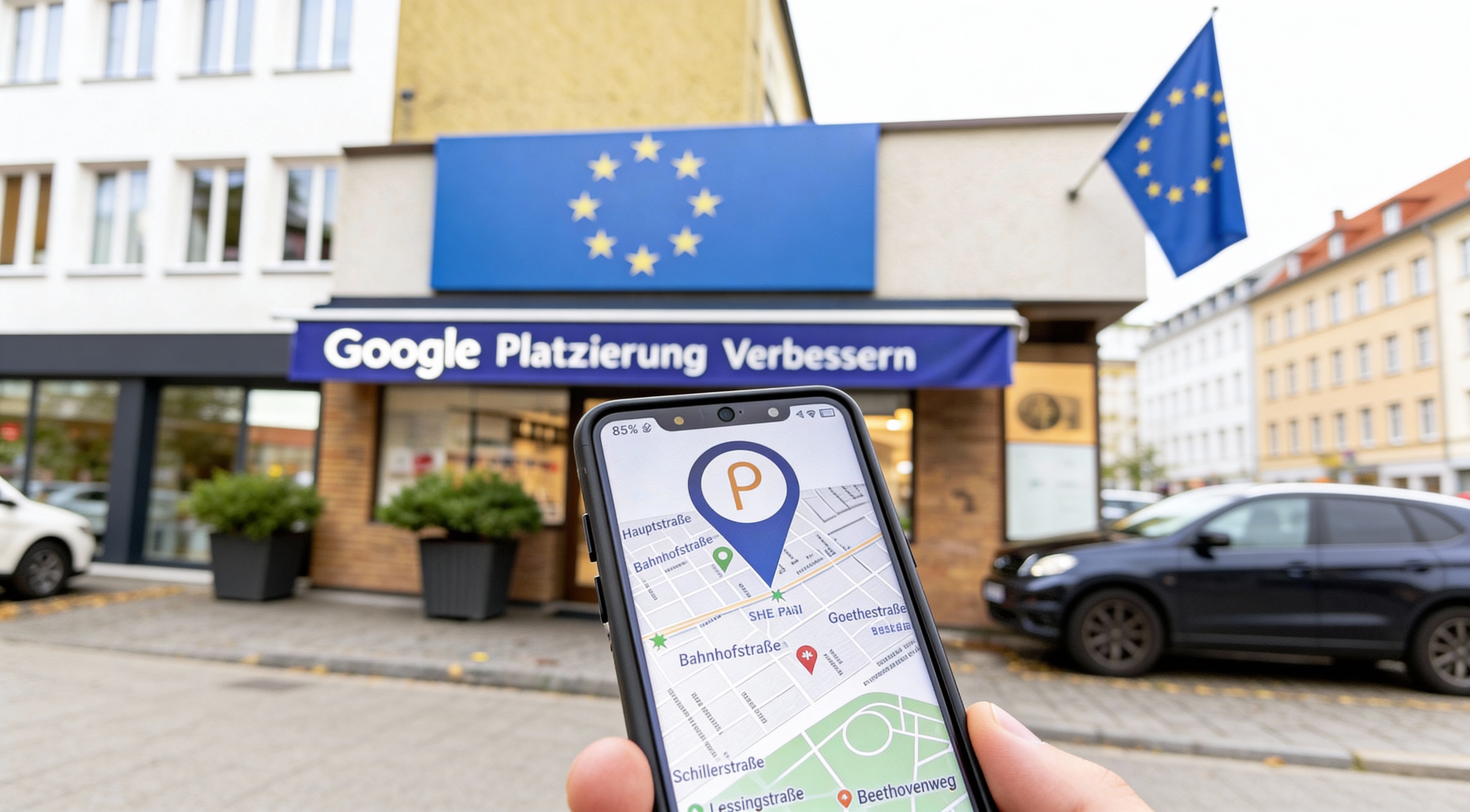 Eine Hand hält ein Smartphone mit Kartenansicht und Standort-Markierung. Im Hintergrund ein Gebäude mit der Aufschrift ‚Google Platzierung verbessern‘ und EU-Flaggen.