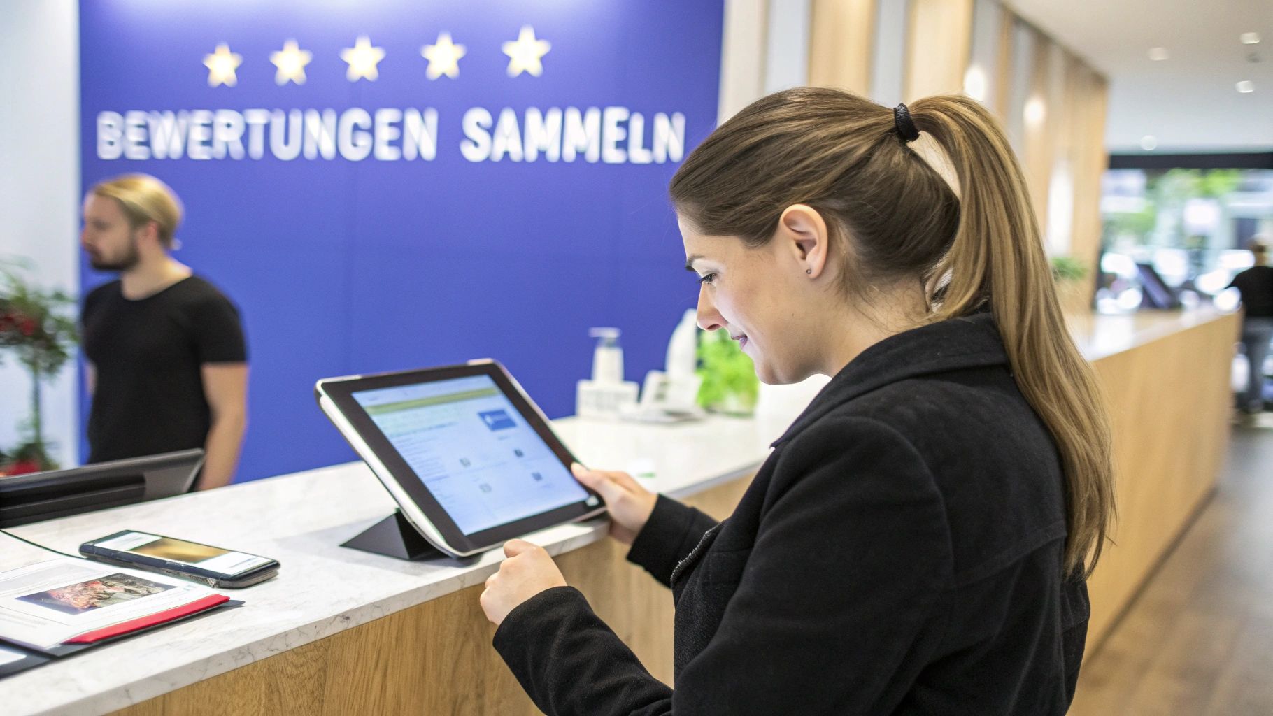 Eine Frau nutzt ein Tablet an einem Empfangstresen. Im Hintergrund steht groß 'BEWERTUNGEN SAMMELN'.