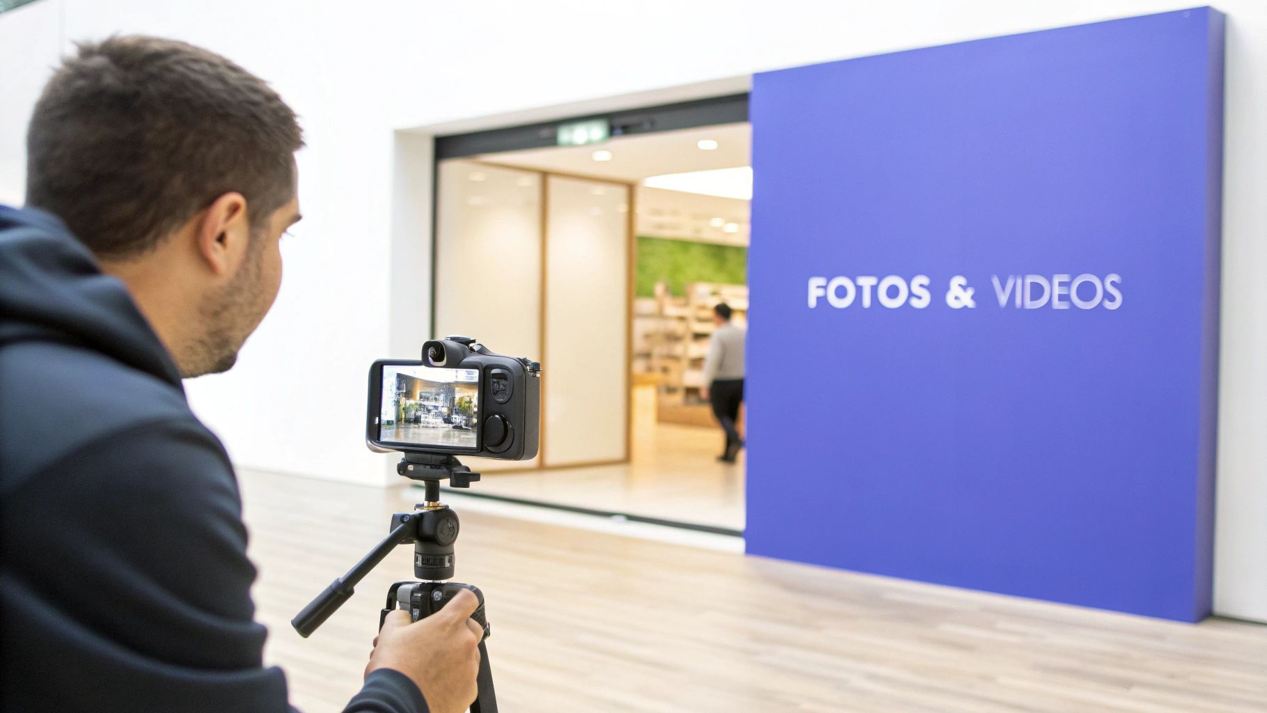 Ein Mann filmt einen Ladeneingang mit einer professionellen Kamera auf einem Stativ und "FOTOS & VIDEOS" Schild.