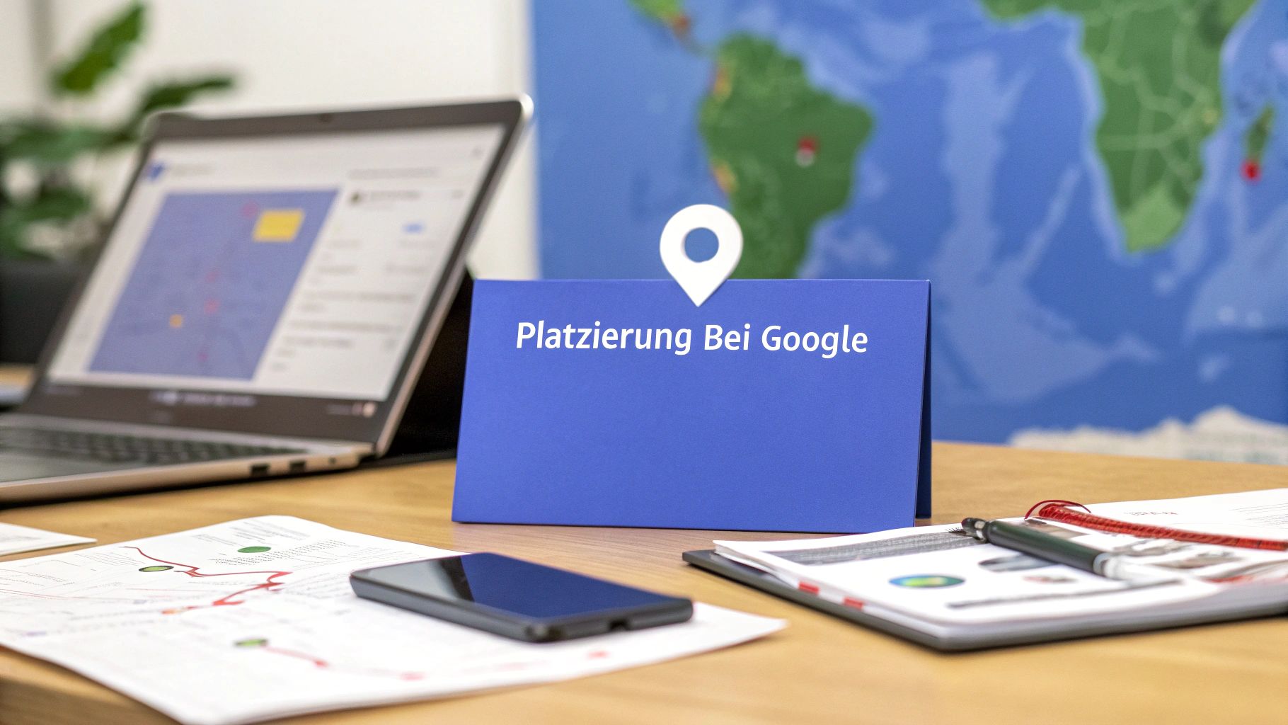Ein Schreibtisch mit Laptop, Smartphone und Unterlagen. In der Mitte steht ein blauer Aufsteller mit der Aufschrift ‚Platzierung bei Google‘, im Hintergrund eine Weltkarte.