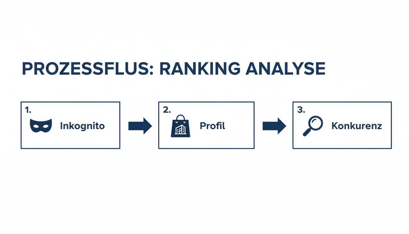 Prozessablauf zur Ranking-Analyse mit den Schritten Inkognito, Profil und Konkurrenz.