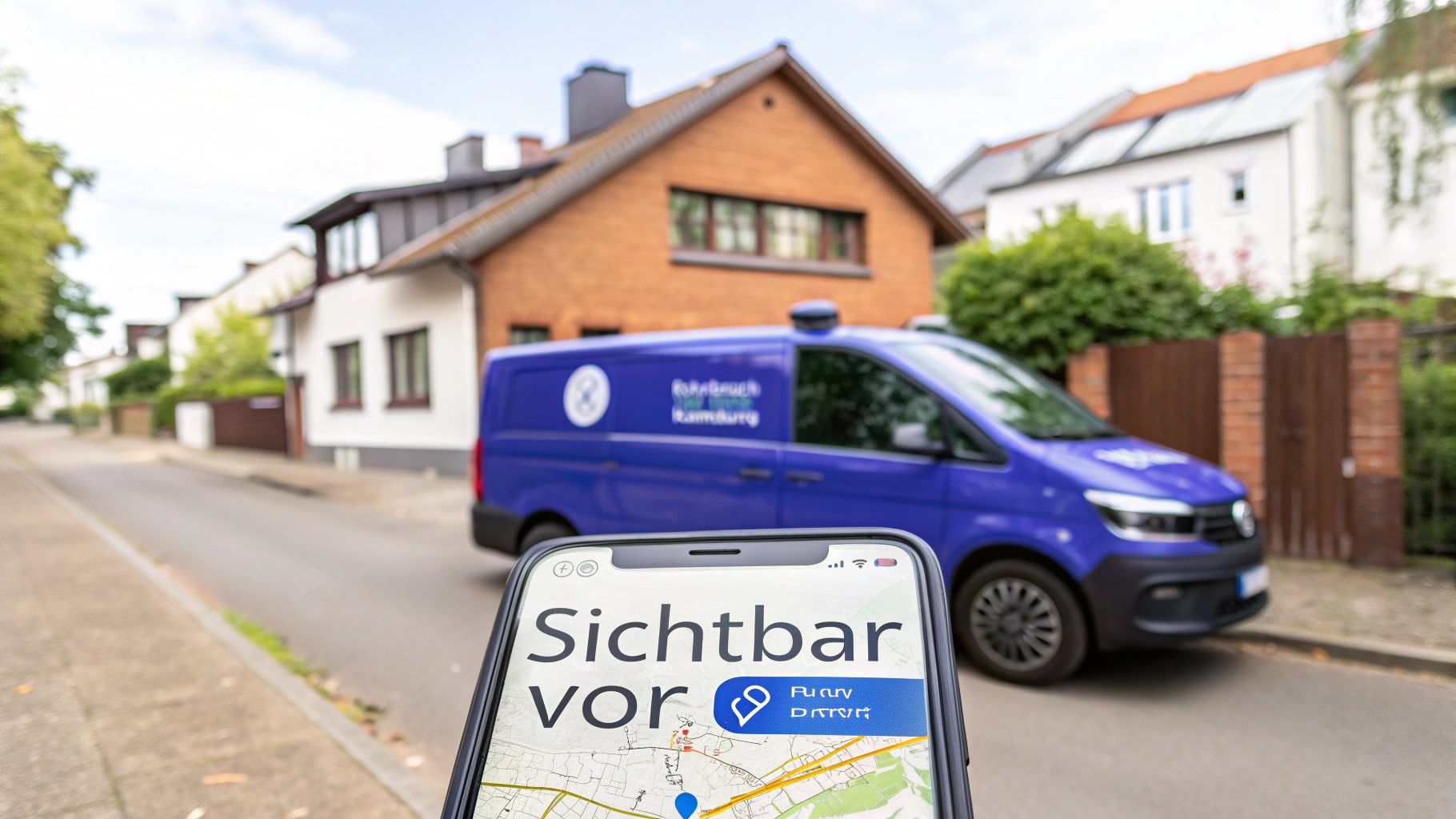Ein Smartphone zeigt eine Karte mit der Aufschrift 'Sichtbar vor', im Hintergrund ein blauer Service-Lieferwagen auf einer Straße.