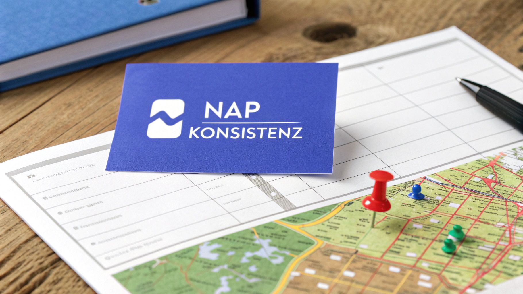 Eine blaue Karte mit 'NAP KONSISTENZ' liegt auf einem Schreibtisch mit Landkarte und Stift.