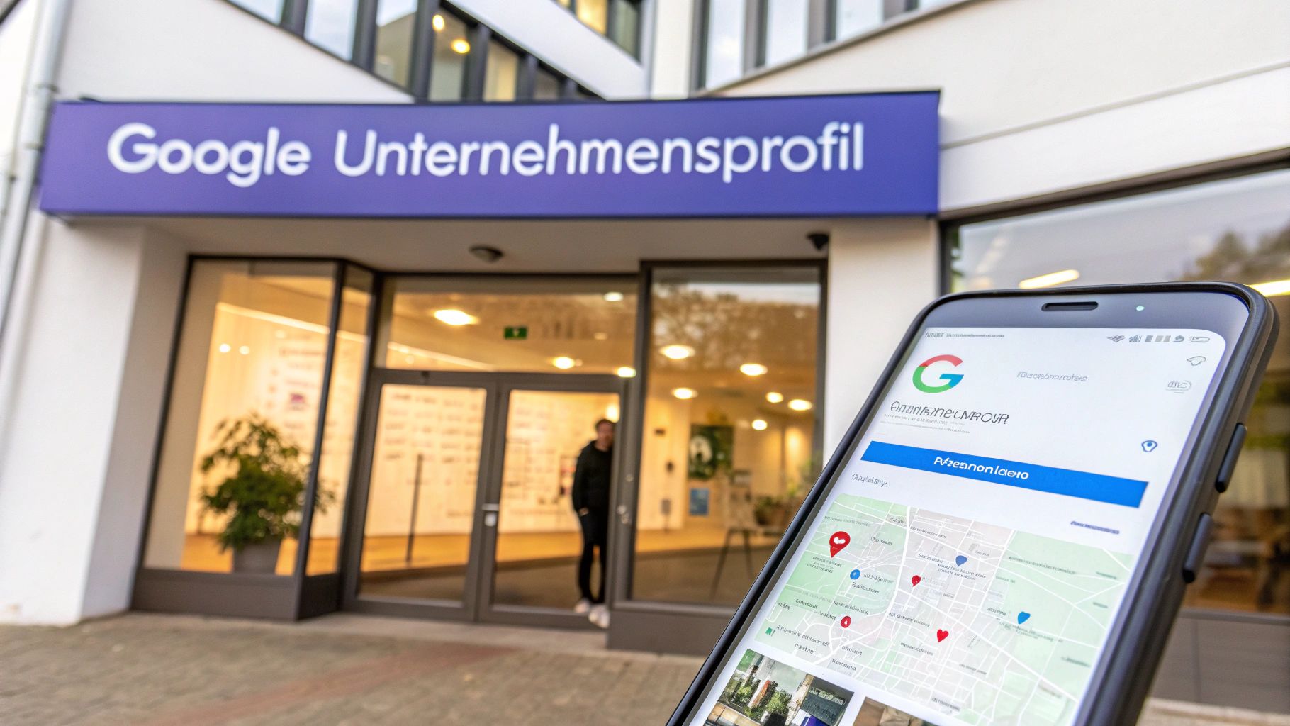 Gebäude mit Google Unternehmensprofil-Schild und ein Smartphone, das die Google My Business App anzeigt.