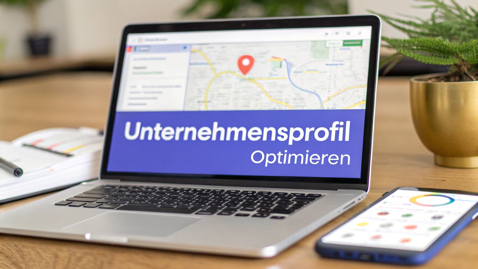 Ein Laptop zeigt eine Kartenansicht mit dem Text ‚Unternehmensprofil optimieren‘. Daneben liegen Unterlagen und ein Smartphone auf einem Schreibtisch.