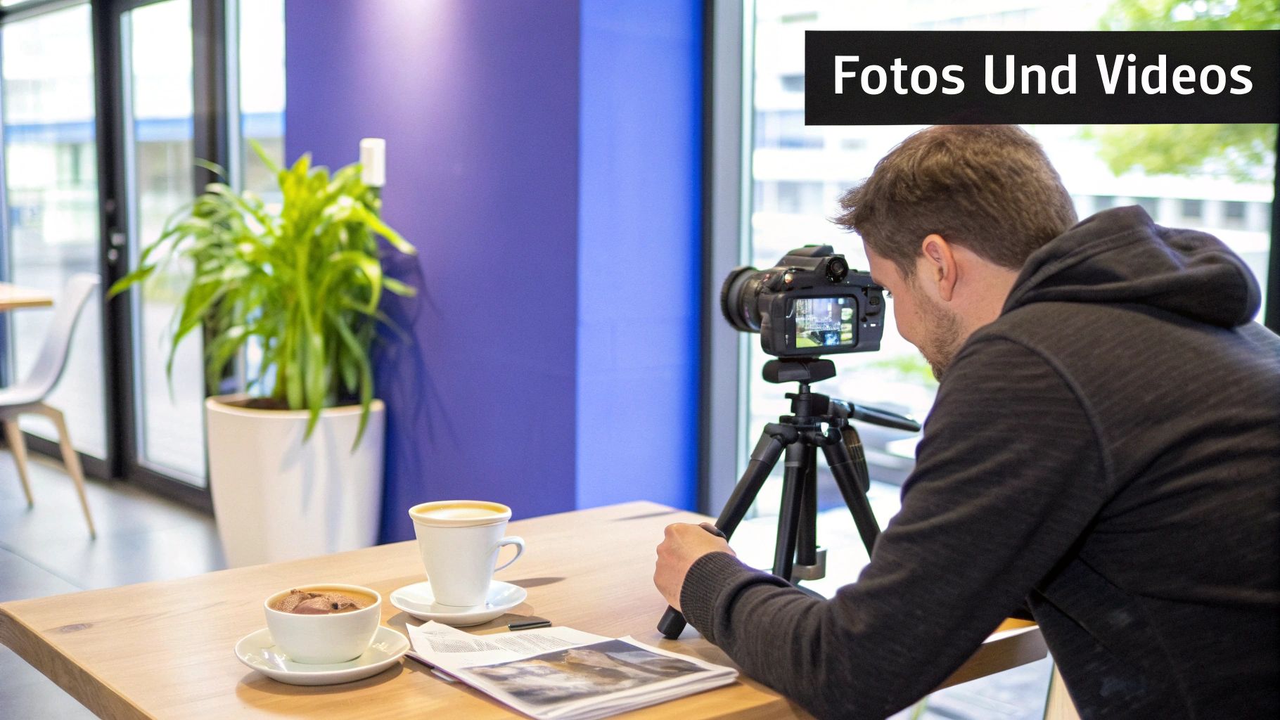 Mann filmt mit Kamera auf Stativ an Holztisch mit Kaffee, Hot Chocolate und Zeitschriften.
