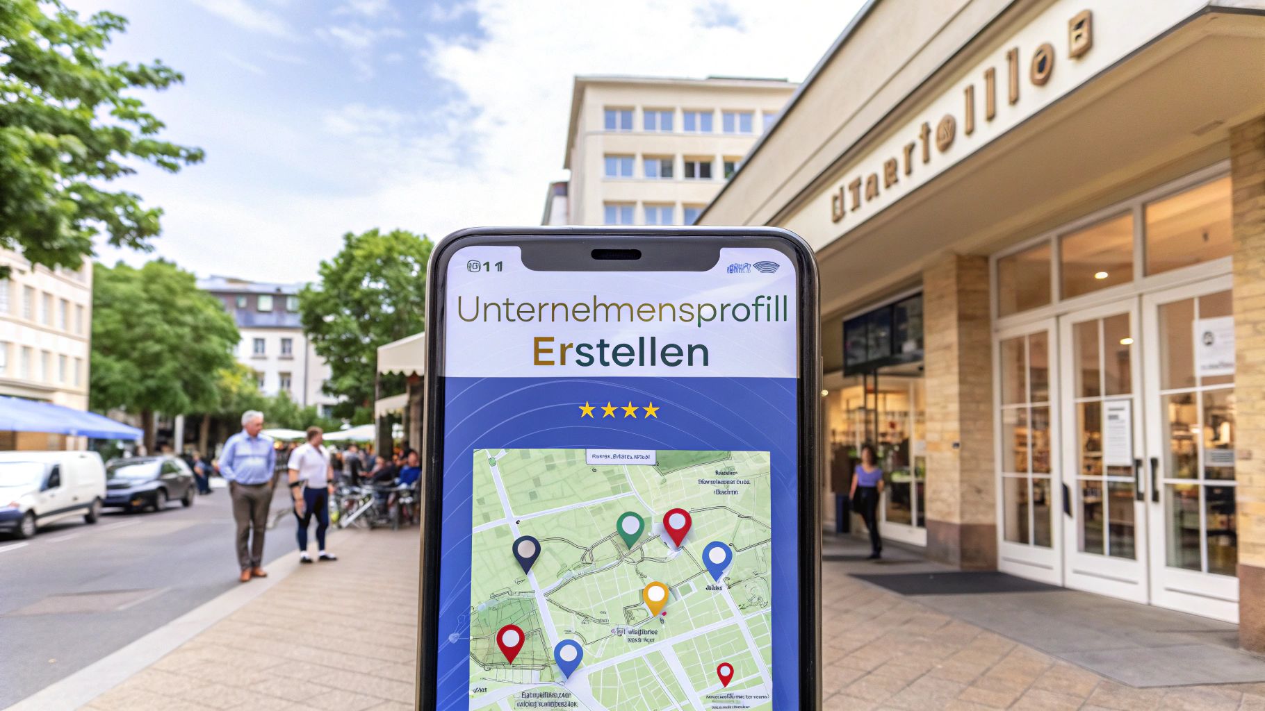 Ein Smartphone zeigt den Text ‚Unternehmensprofil erstellen‘ mit Kartenansicht und Standort-Markern. Im Hintergrund ist eine belebte Einkaufsstraße mit Geschäften zu sehen.