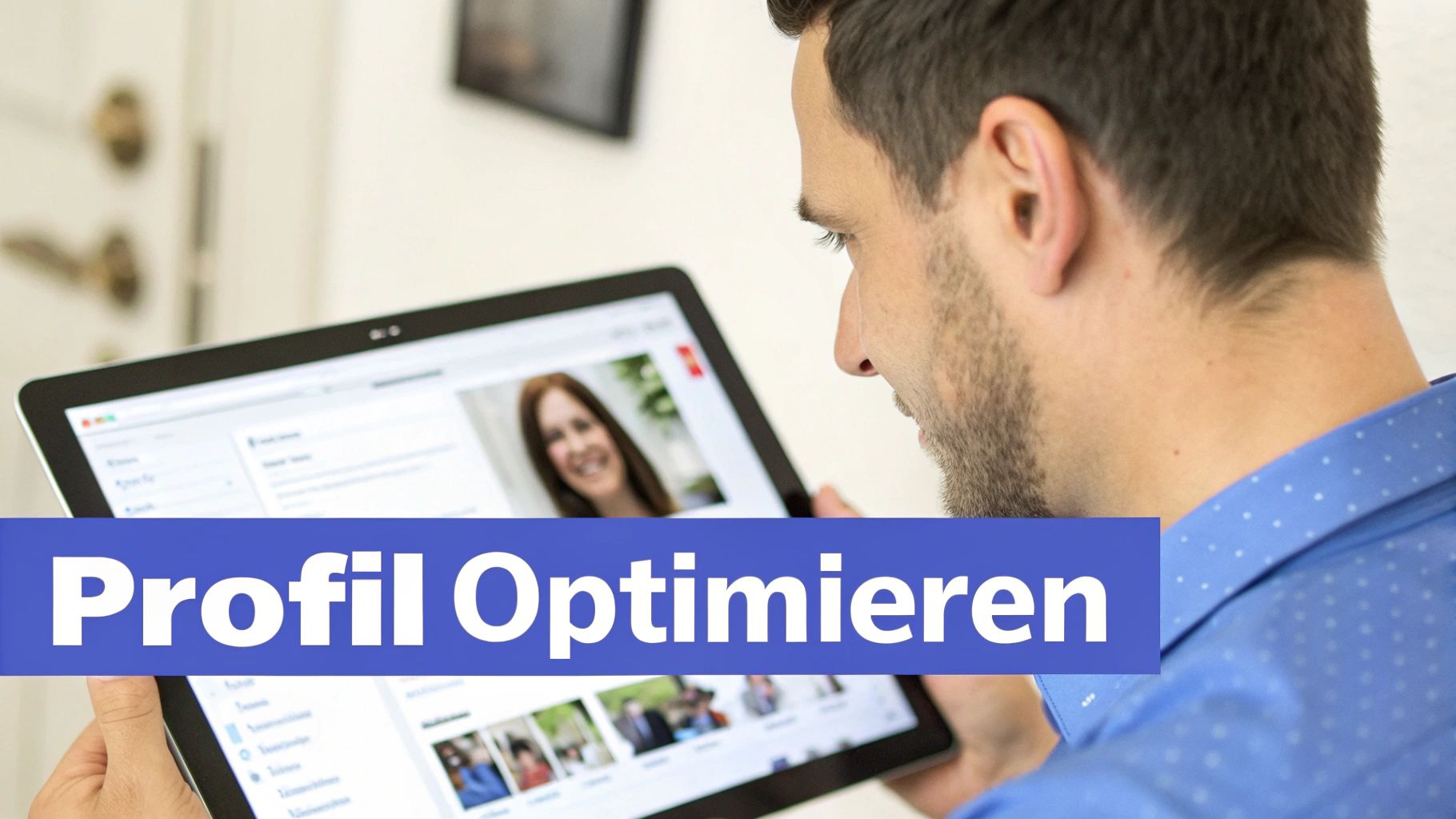 Ein Mann optimiert sein Profil auf einem Tablet, das ein soziales Netzwerk mit dem Bild einer Frau zeigt. Überlagerter Text: Profil Optimieren.