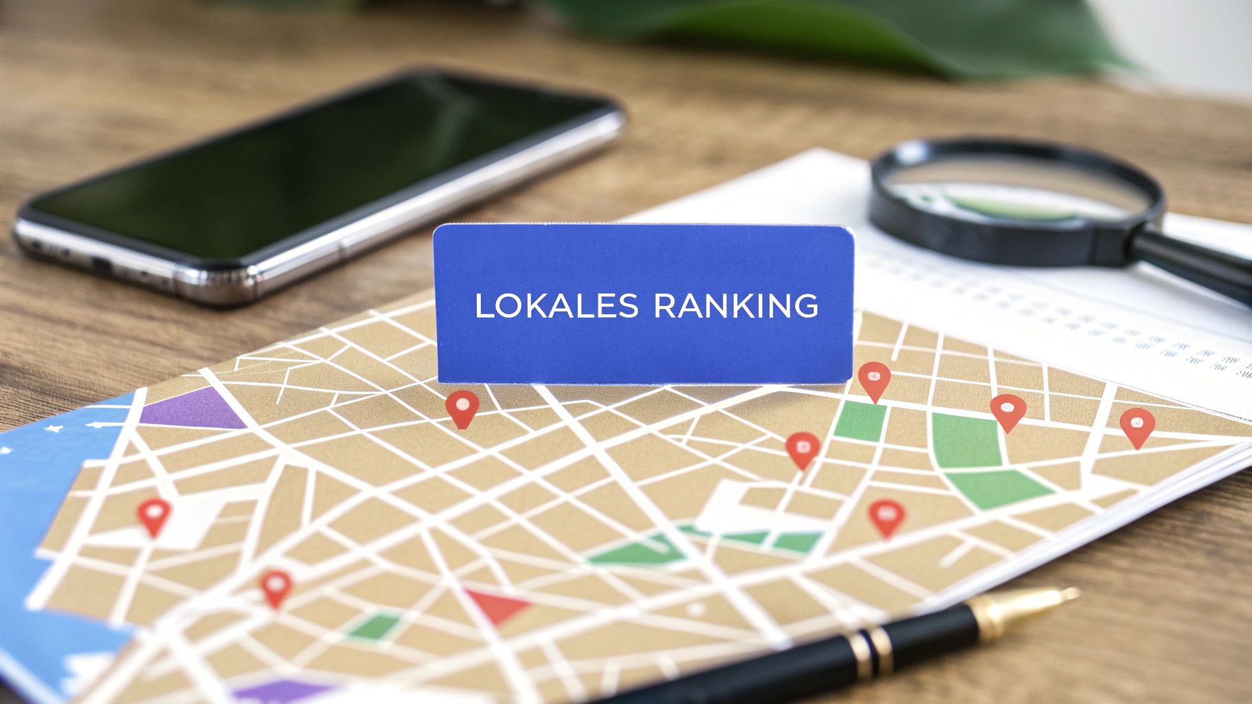 Ein Tisch mit Stadtplan und Standort-Markern. In der Mitte steht ein blauer Aufsteller mit der Aufschrift ‚Lokales Ranking‘. Daneben liegen Smartphone, Lupe und Stift.