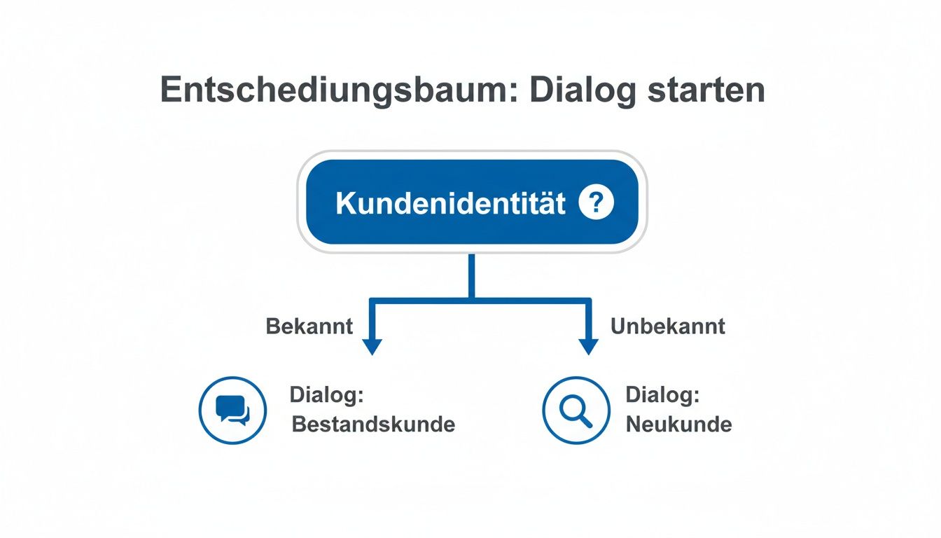 Entscheidungsbaum zur Identifizierung der Kundenidentität, um den richtigen Dialog zu starten, entweder für Bestandskunden oder Neukunden.