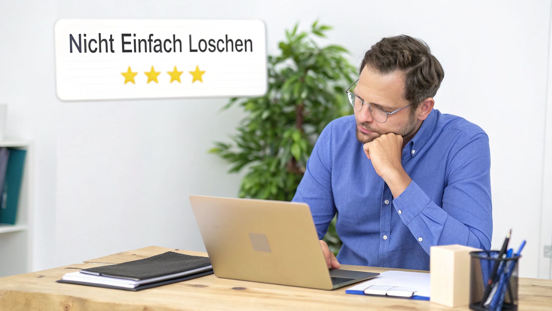 Nachdenklicher Mann am Laptop, der eine Bewertung 'Nicht Einfach Löschen' mit drei Sternen betrachtet.