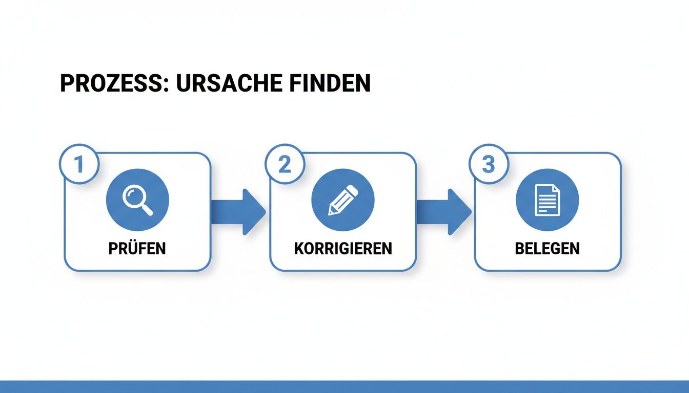 Ein dreistufiger Prozess zur Ursachenfindung: Prüfen, Korrigieren, Belegen mit Icons.