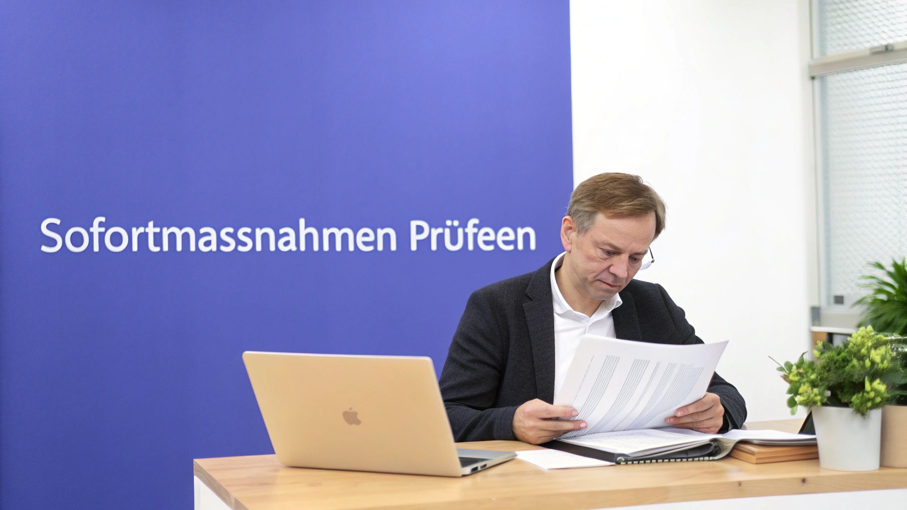 Ein Mann sitzt an einem Schreibtisch, liest Dokumente und schaut auf seinen Laptop, vor einer blauen Wand mit der Aufschrift Sofortmaßnahmen Prüfeen.