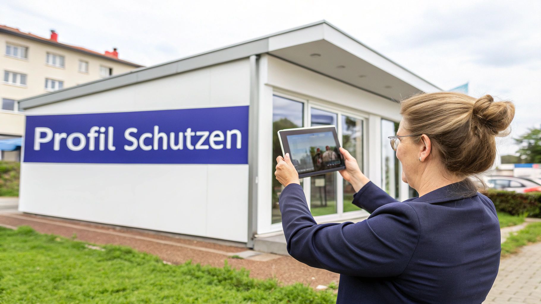 Eine Frau fotografiert ein Gebäude mit einem blauen 'Profil Schutzen'-Schild mit ihrem Tablet.