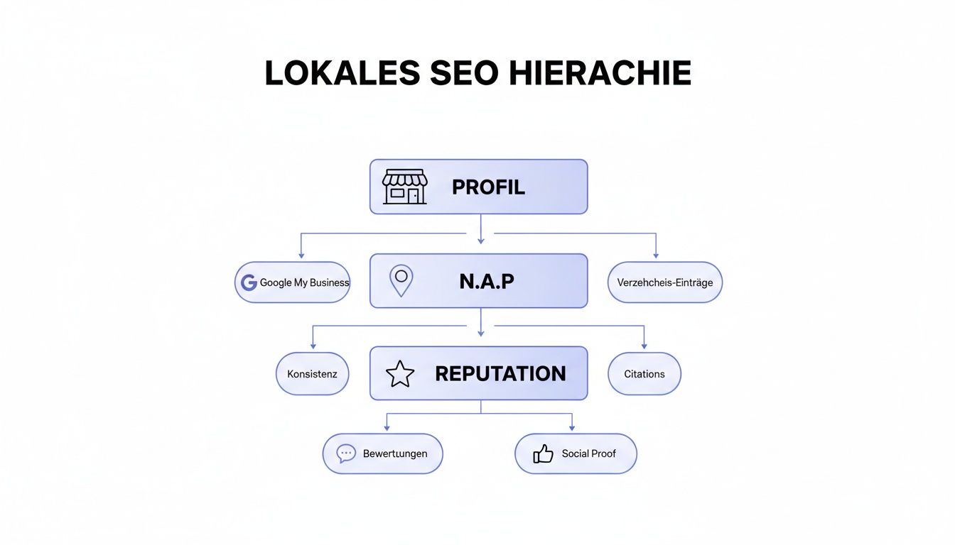 Hierarchische Darstellung der lokalen SEO-Faktoren: Profil, N.A.P, Reputation mit Bewertungen und Social Proof.