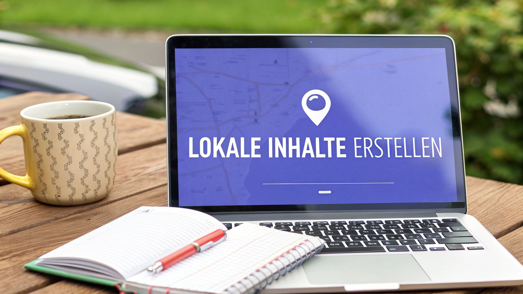 Laptop auf Holztisch zeigt 'Lokale Inhalte Erstellen' mit Standort-Symbol, daneben Kaffeasse und Notizbuch.