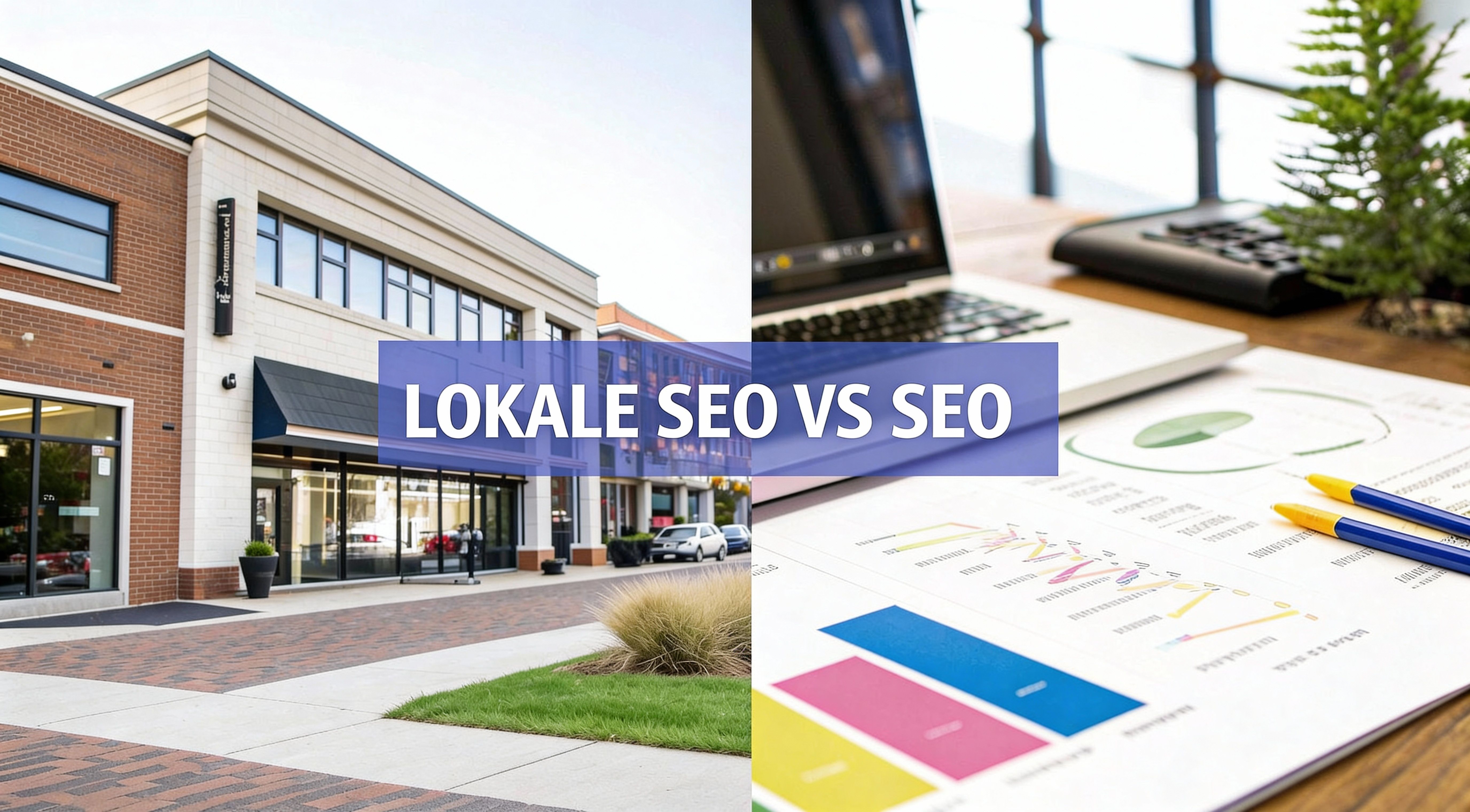 Geteiltes Bild: links ein modernes Geschäftsgebäude, rechts ein Schreibtisch mit Laptop und Diagrammen. In der Mitte steht der Text ‚Lokale SEO vs SEO‘.