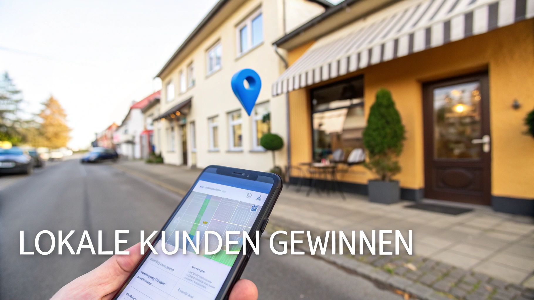 Hand hält Smartphone mit Karte, blauer Pin über lokalem Geschäft, symbolisiert lokale Kundengewinnung.