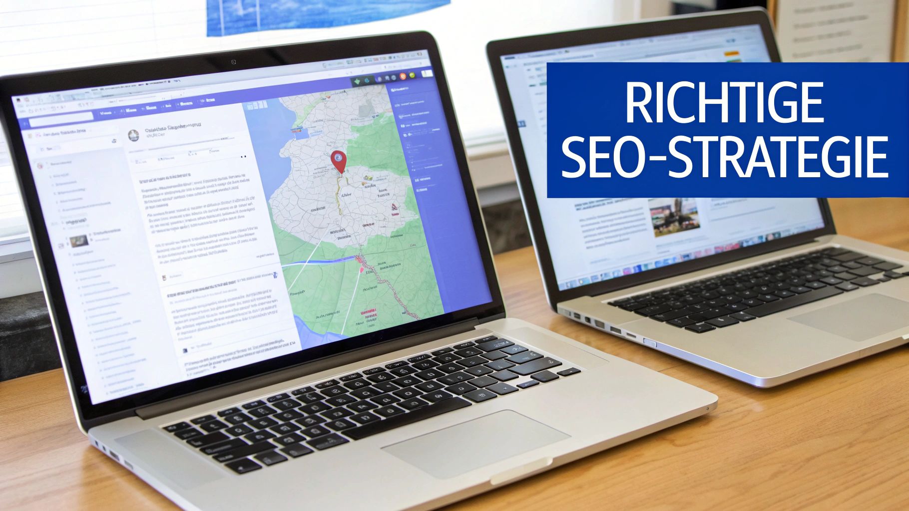 Zwei Laptops auf einem Holztisch, der linke zeigt eine Webseite mit Karte, der rechte eine Überschrift 'RICHTIGE SEO-STRATEGIE'.