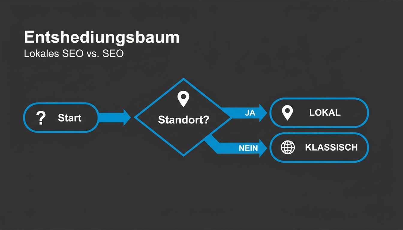 Flussdiagramm zum Entscheidungsbaum: Lokales SEO vs. SEO, beginnend mit der Frage nach dem Standort.