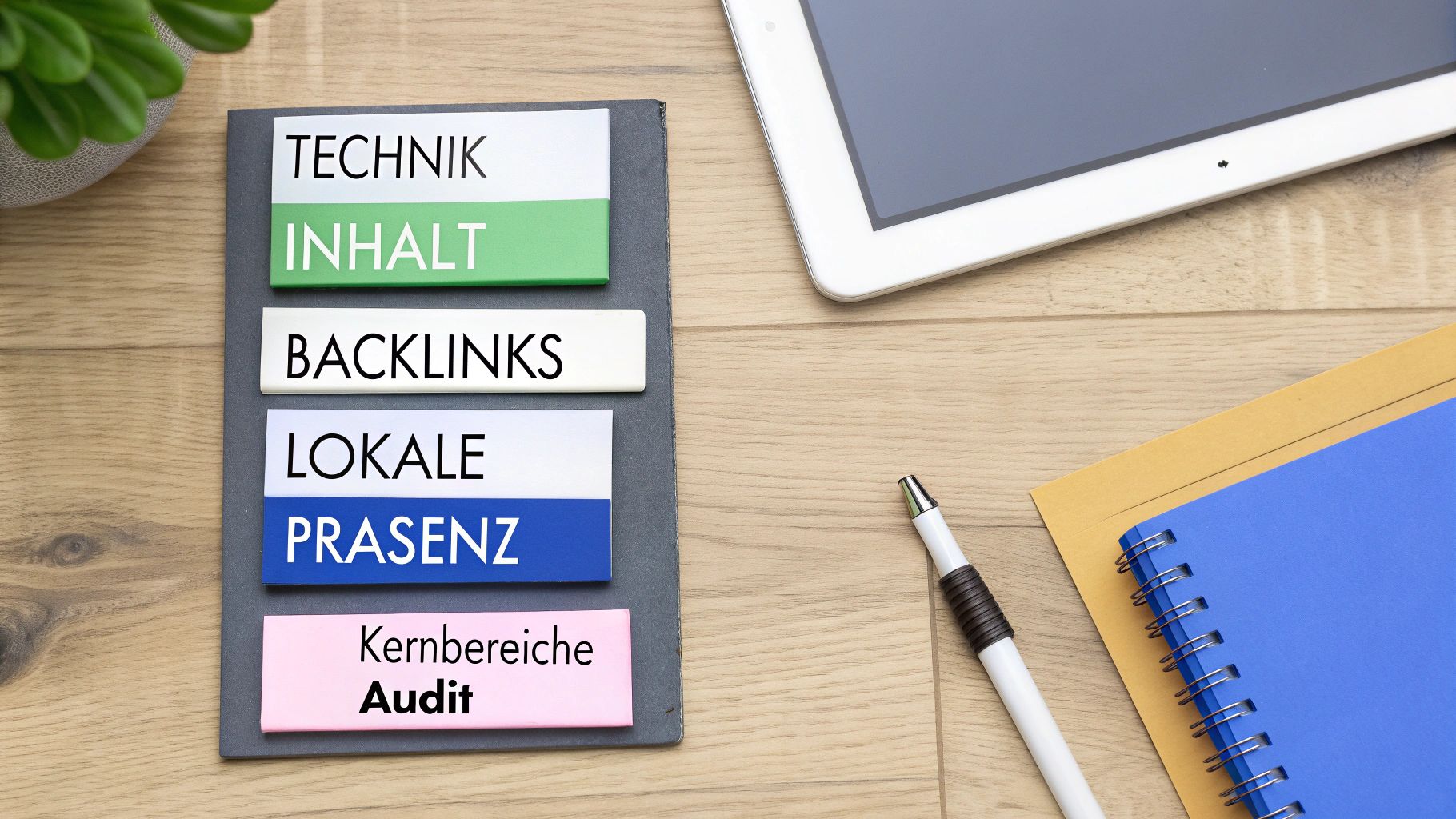 Eine Infografik, die die vier Kernbereiche eines SEO-Audits zeigt Technik, Inhalt, Backlinks und Lokale Präsenz