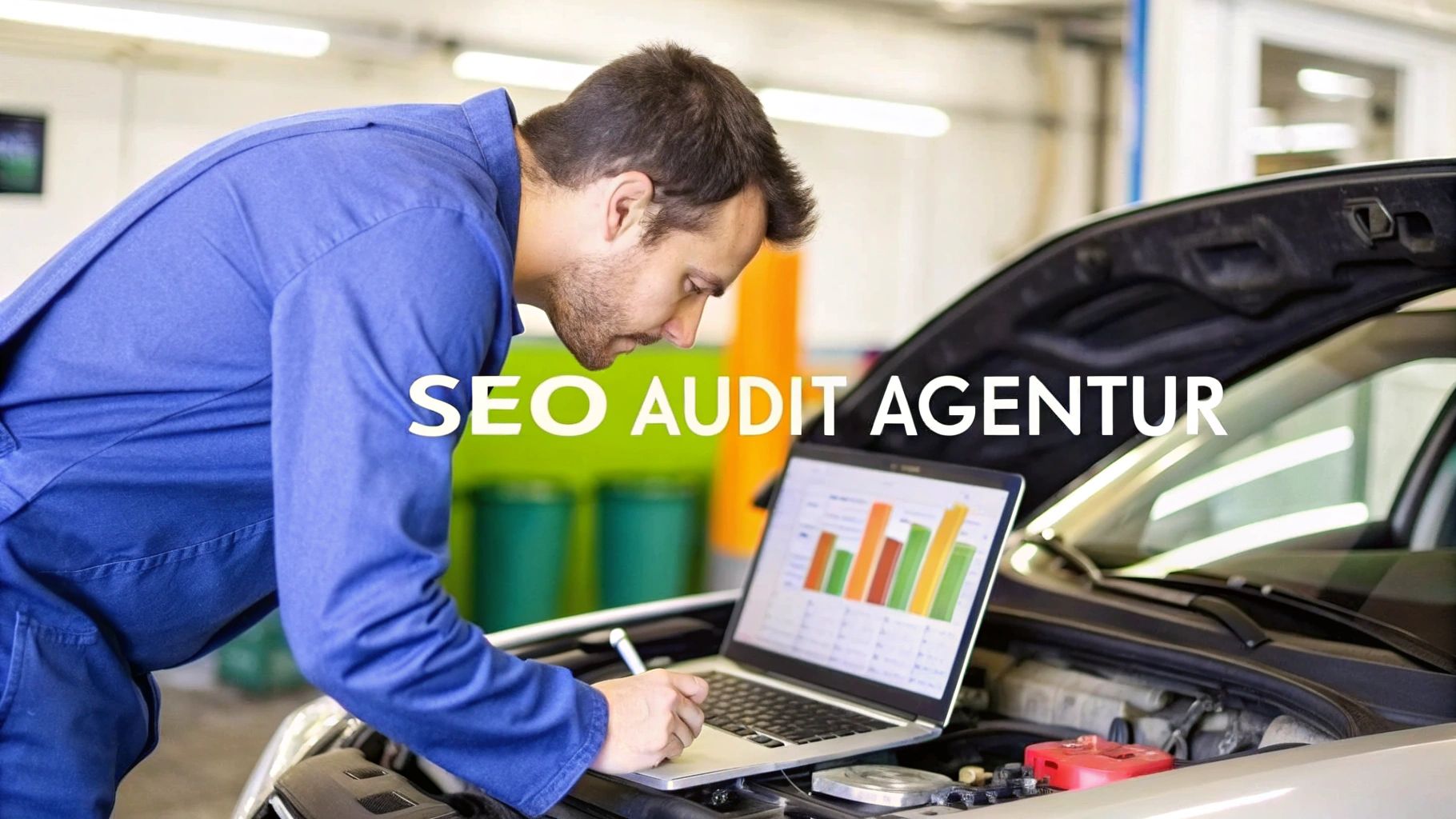 Cover photo with man on laptop looks like he would do an audit. The text “SEO Audit” is on the cover photo.