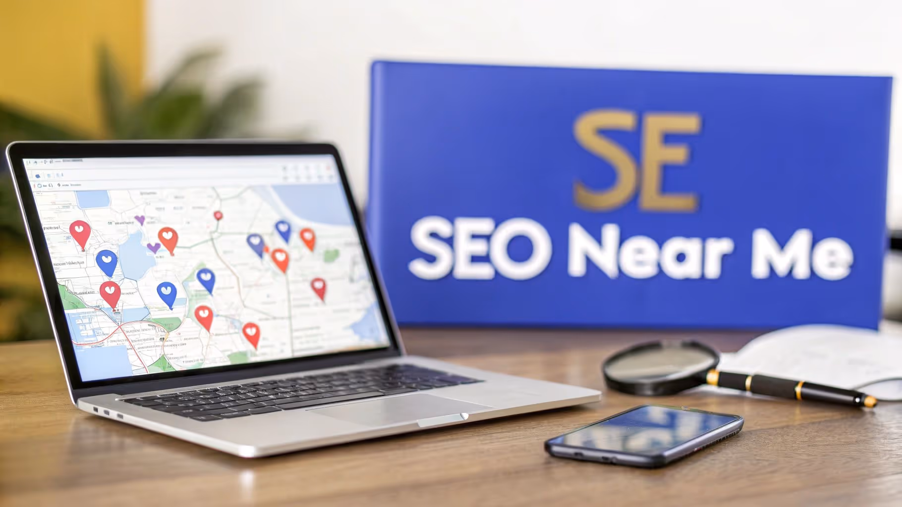 Cover photo with laptop showing a card and saying “SEO near me” in the background.