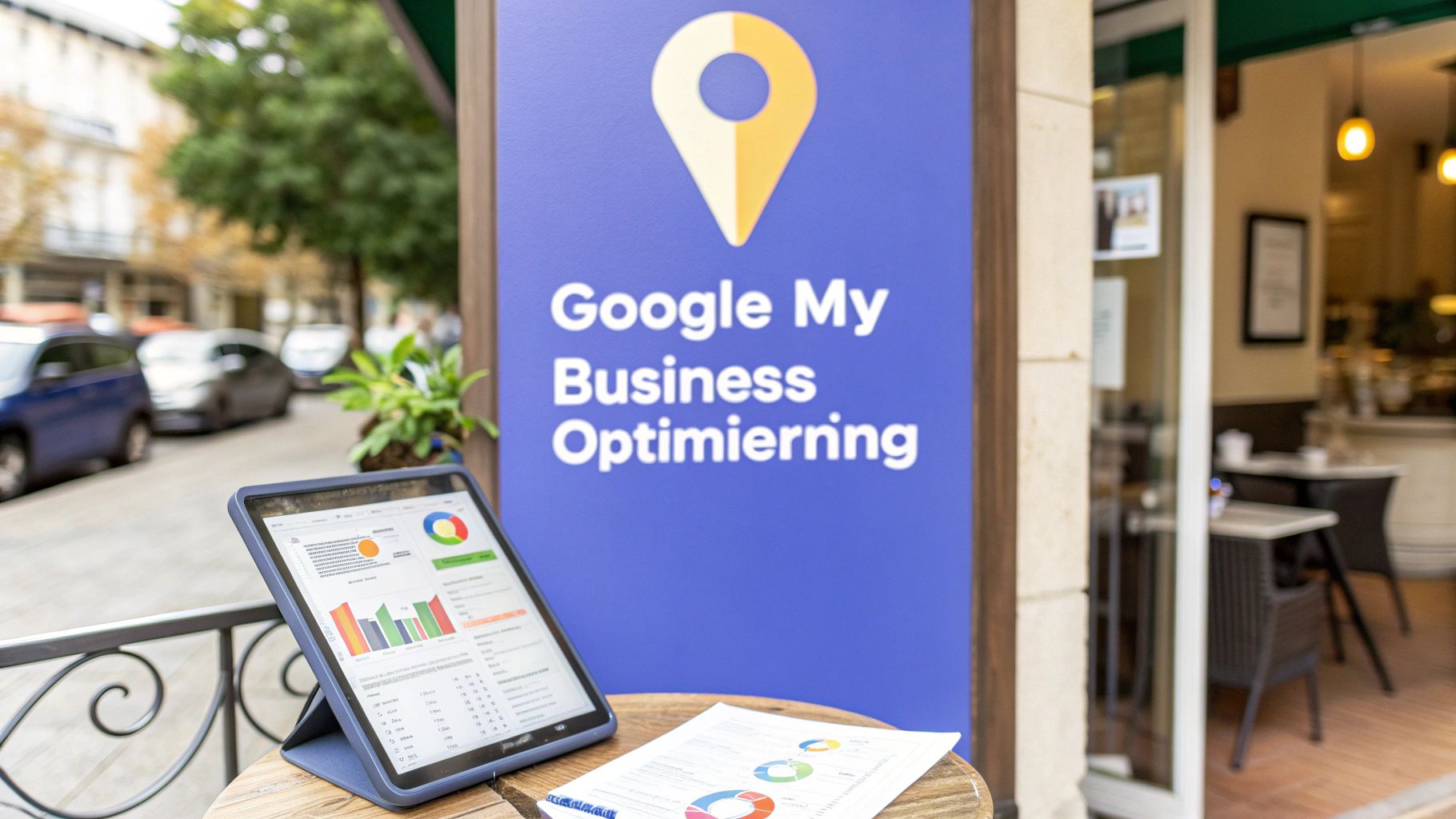 Cover photo with laptop and poster with text “Google My Business Optimization” in the background
