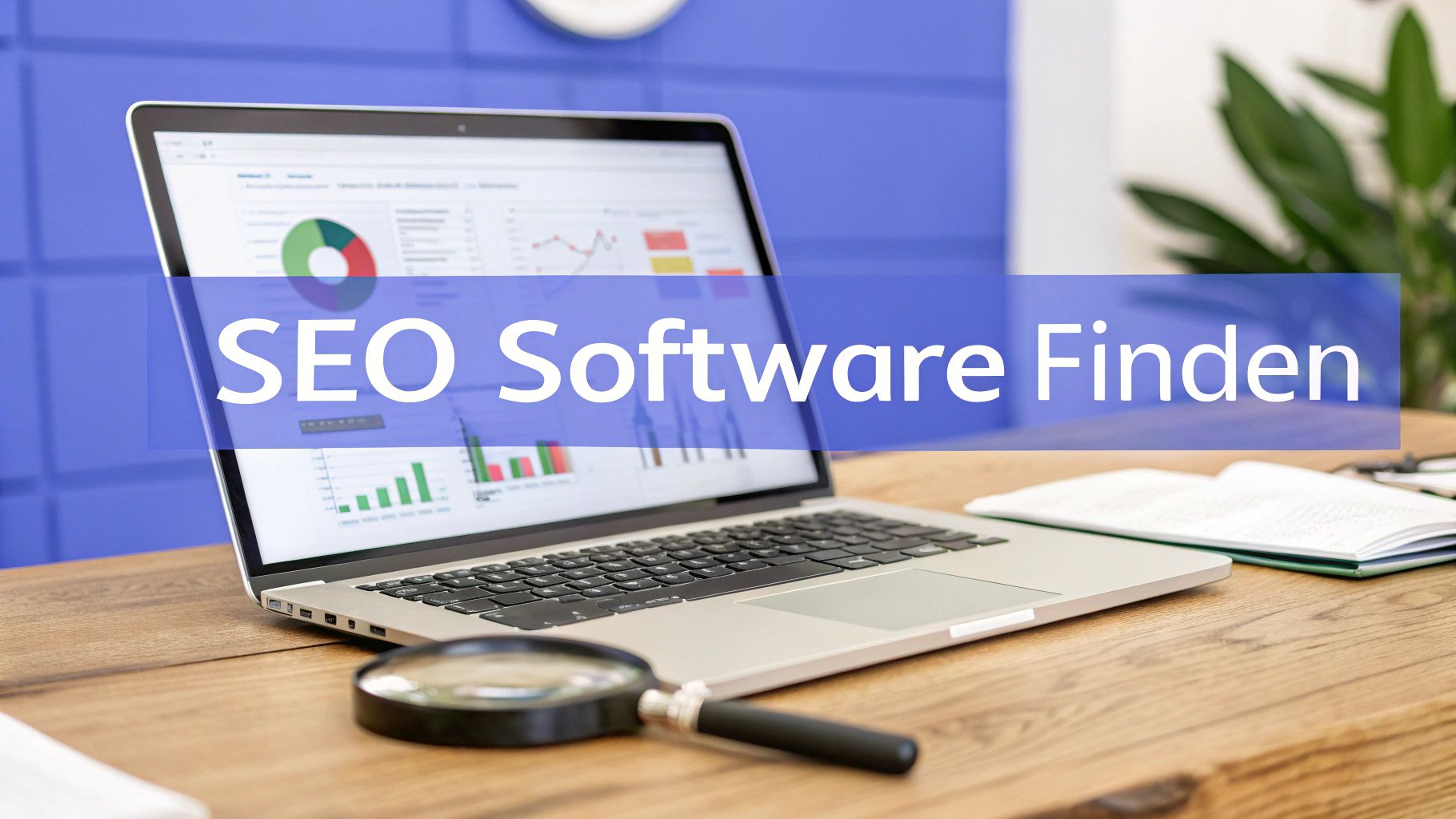 Cover photo with “Find SEO software” banner in the background a loaded laptop with analysis charts.