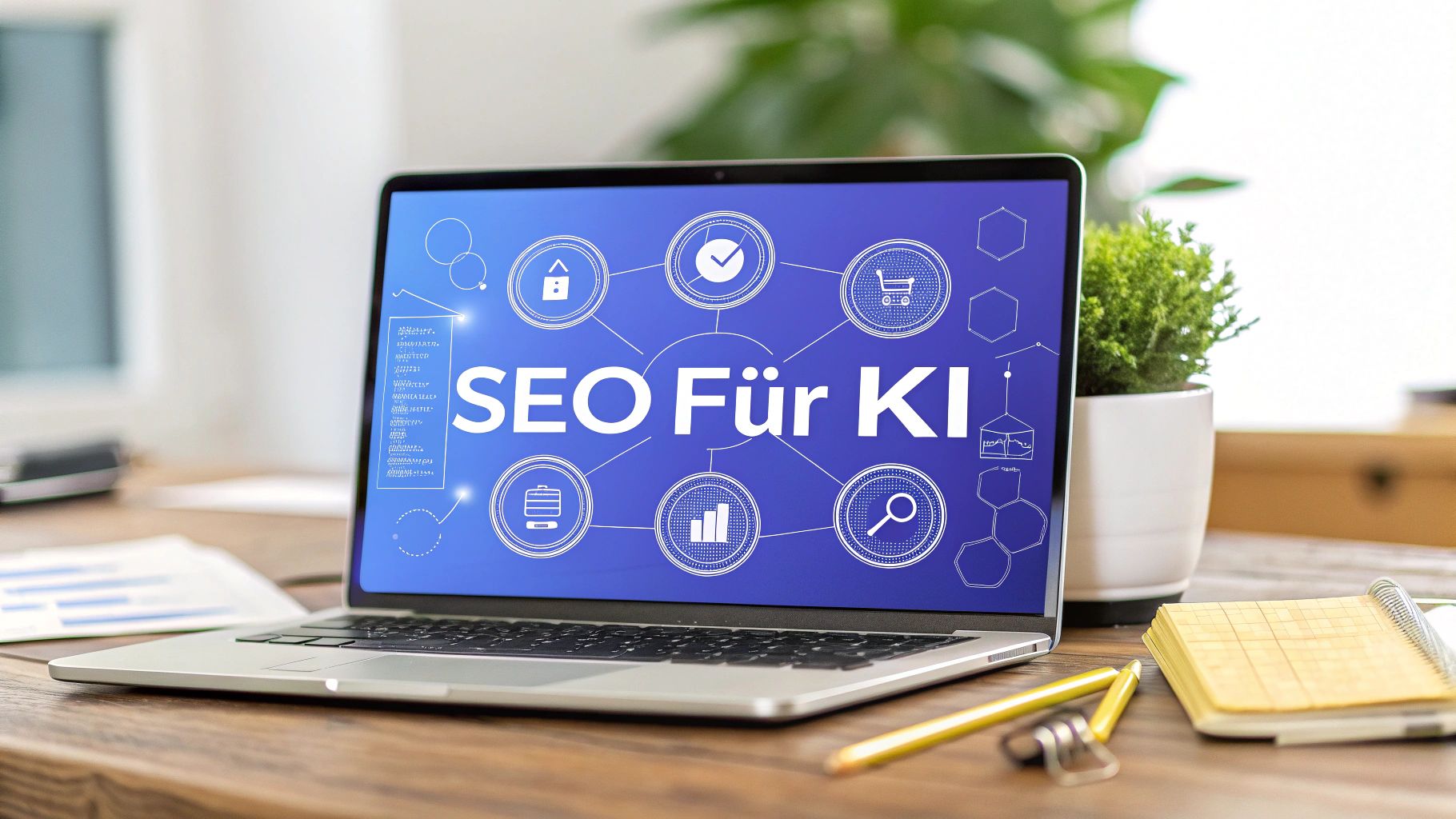 When laptop is opened, the display says “SEO for AI”