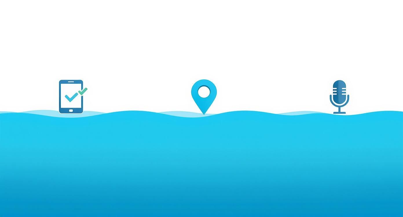 Infografik, die den Prozess einer hyperlokalen Suche von mobil über Inhalt bis zur Sprache darstellt.