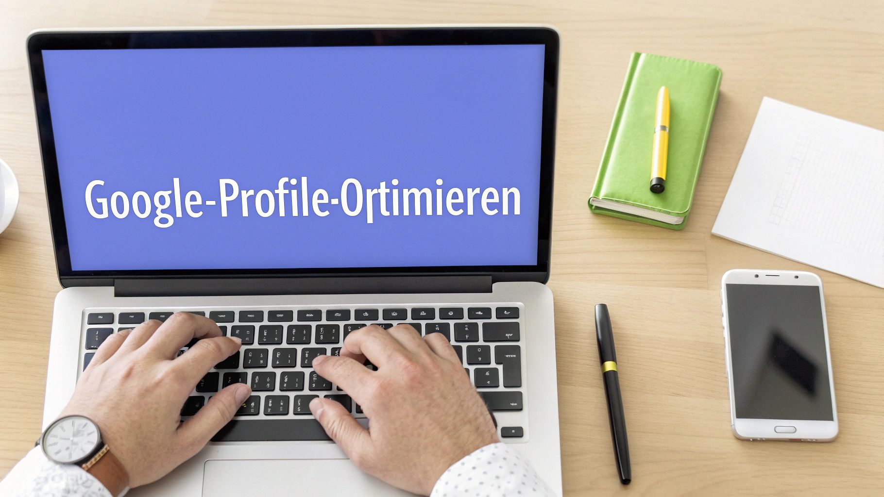 Eine Nahaufnahme der Hände einer Person, die auf einem Laptop tippt und ein Google Unternehmensprofil für Local SEO Optimization optimiert.