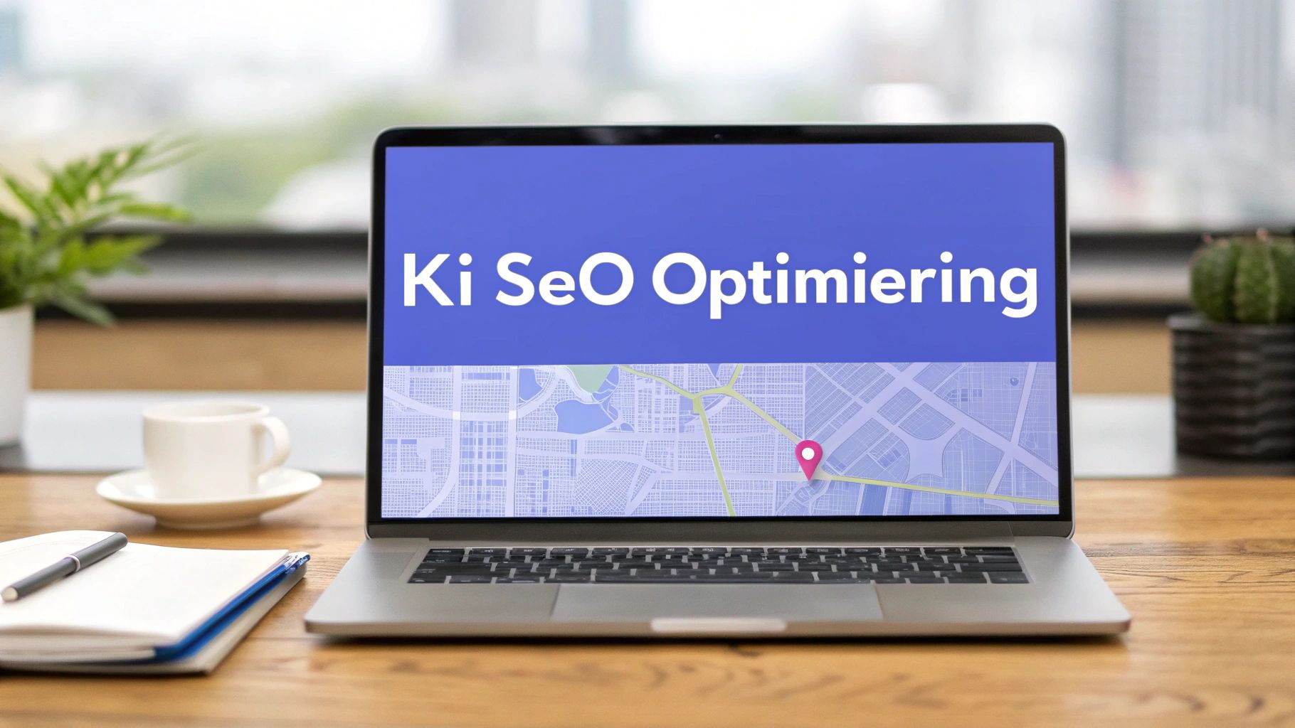 Laptop with map and Google Maps pin in the screen and the title “AI SEO optimization”