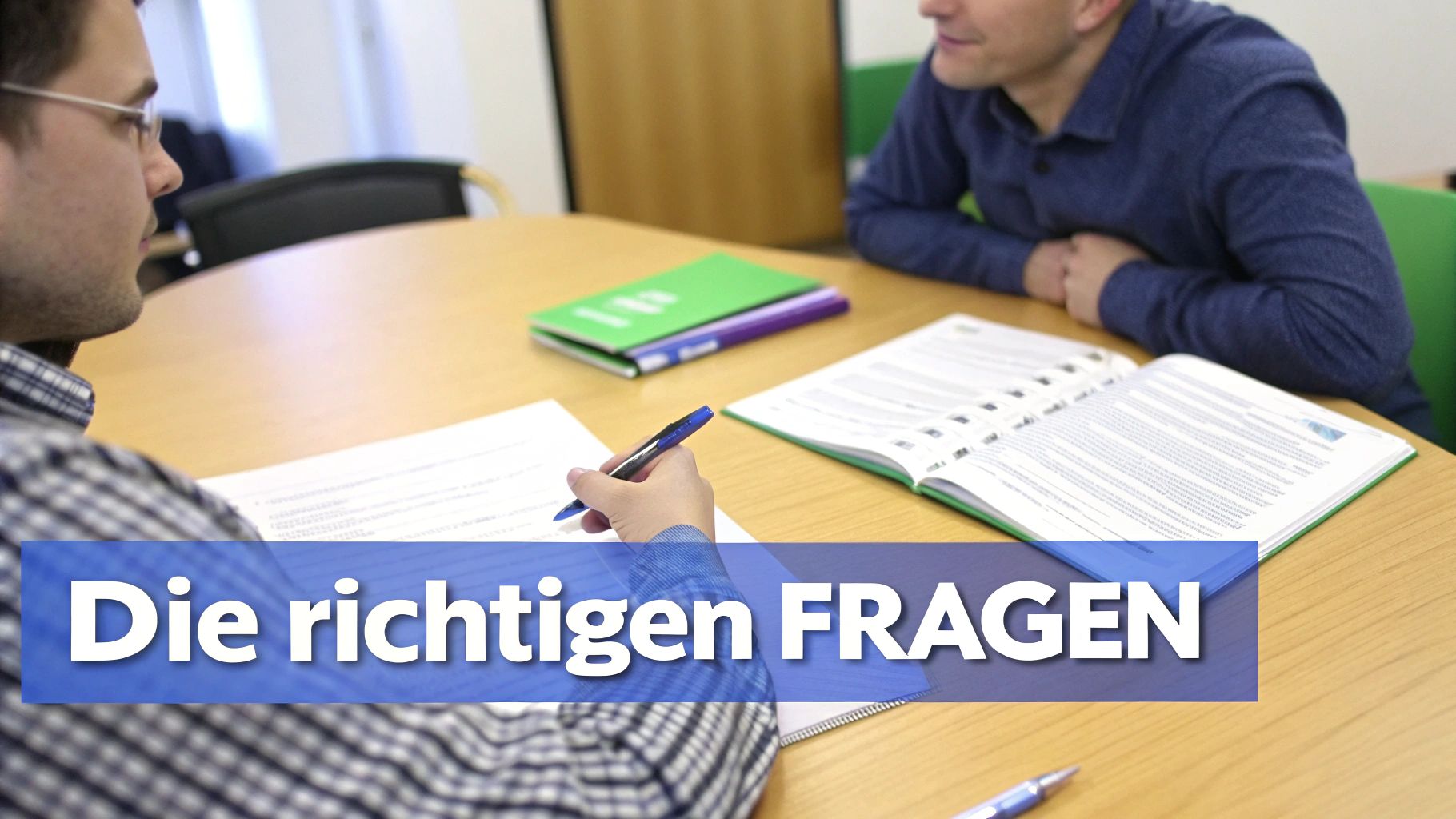 Zwei Personen bei einem Beratungsgespräch mit Notizen und Unterlagen am Tisch - Die richtigen Fragen