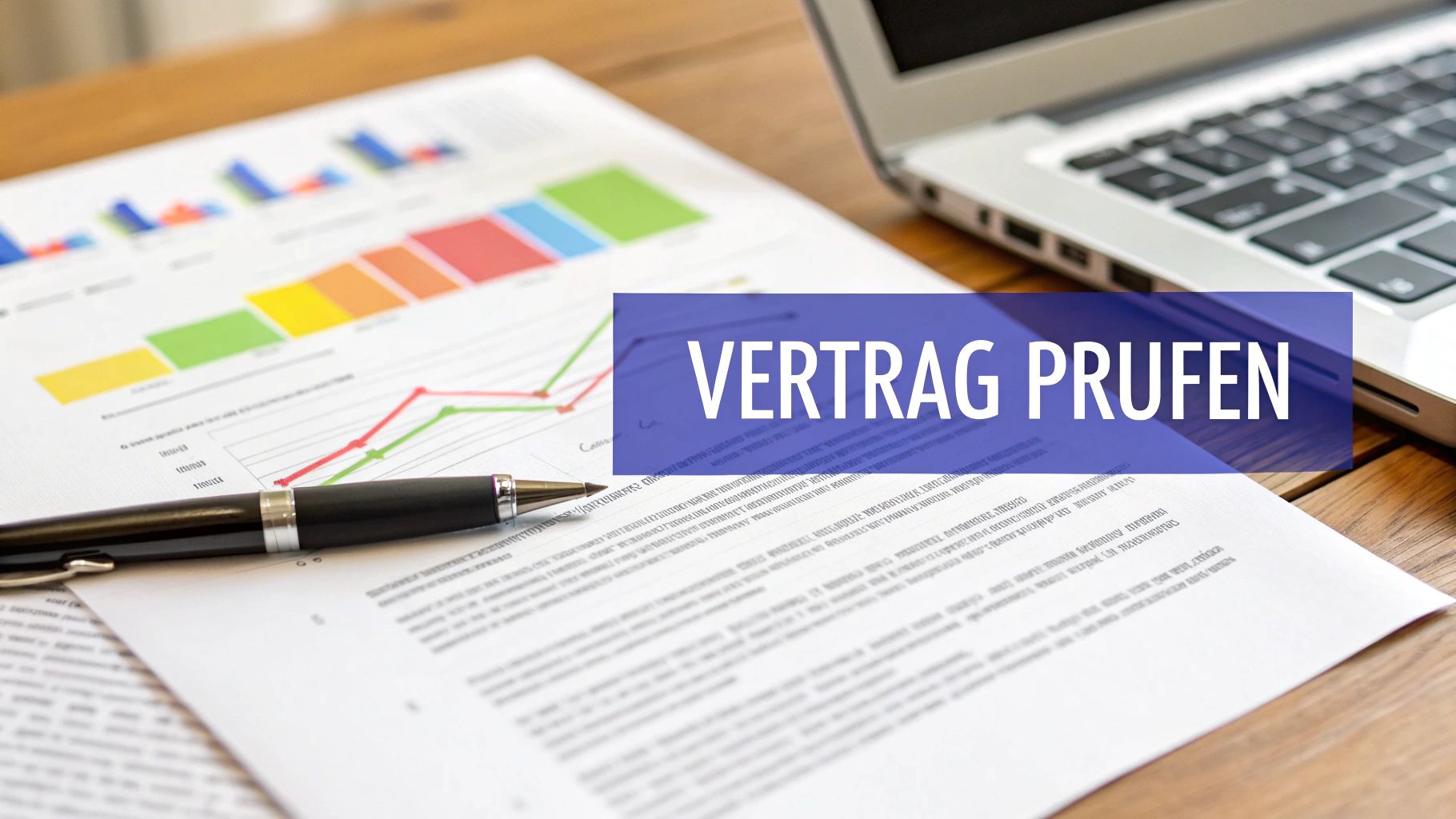 Geschäftsunterlagen mit Diagrammen, Stift und Laptop auf Schreibtisch, Banner mit Text Vertrag prüfen
