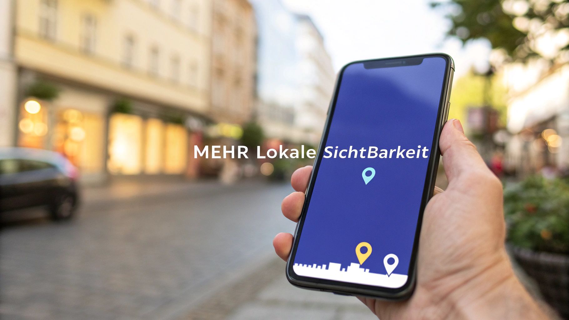 A hand holding a cell phone on a street with the title “More local visibility”