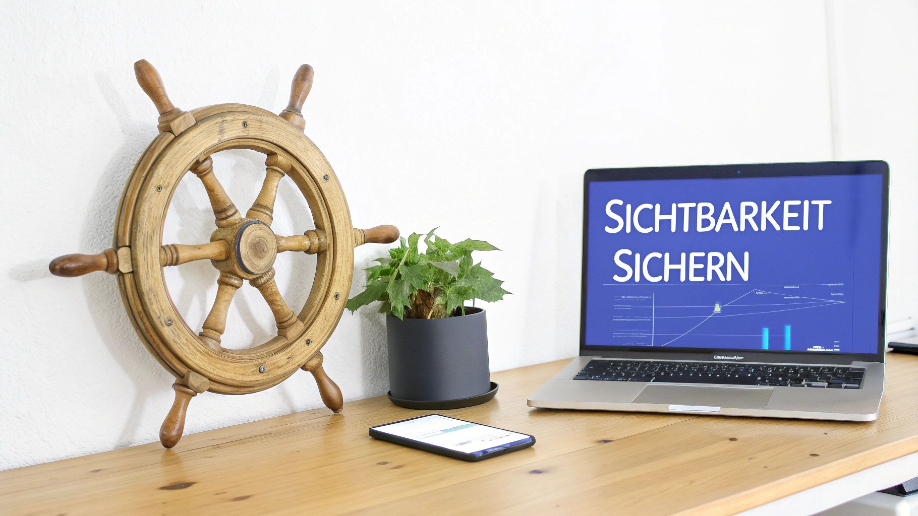 Laptop mit SEO-Software-Dashboard zur Sichtbarkeit-Analyse neben dekorativem Steuerrad und Pflanze auf Schreibtisch
