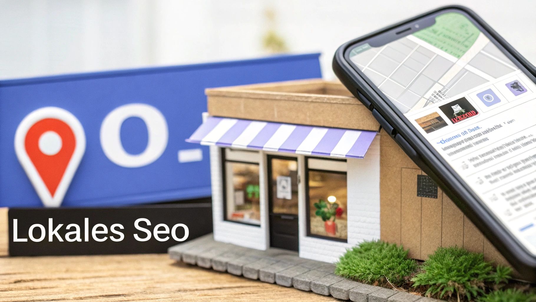 Lokales SEO Konzept mit Miniatur-Ladenmodell, Smartphone mit Karte und rotem Standort-Pin Symbol