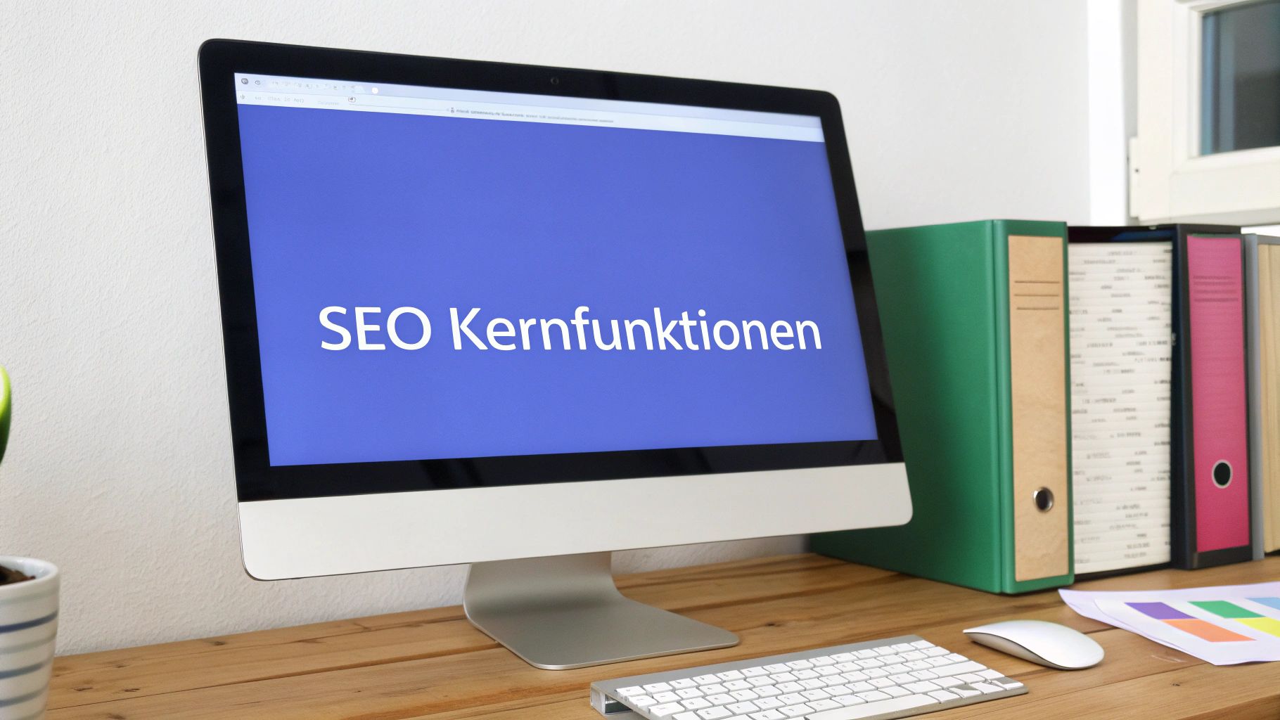 Computer-Bildschirm zeigt SEO Kernfunktionen Text auf blauem Hintergrund in modernem Büro mit Ordnern