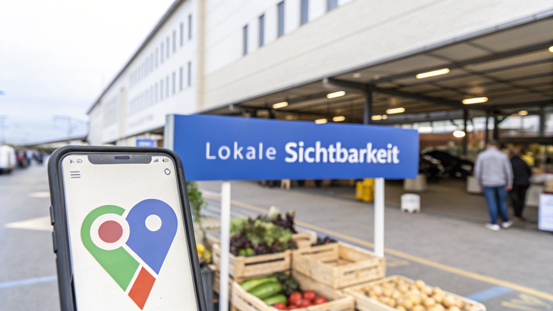 Smartphone zeigt Karten-App vor Lokale Sichtbarkeit Schild am Marktstand für lokales SEO und Google Marketing