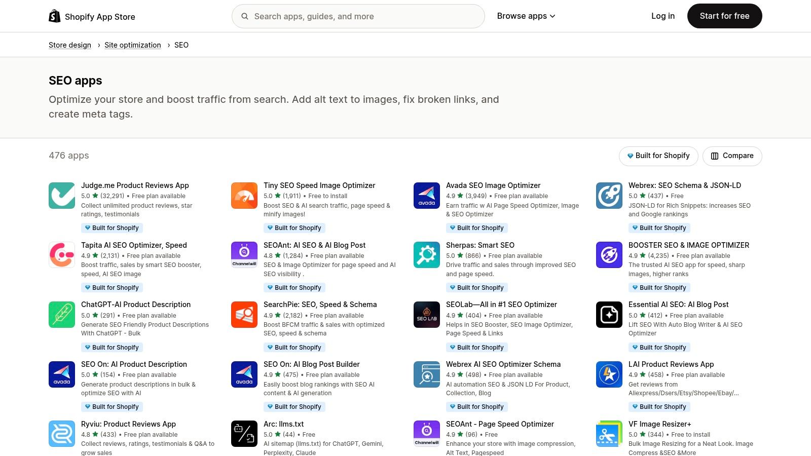 Shopify App Store – Kategorie “SEO”
