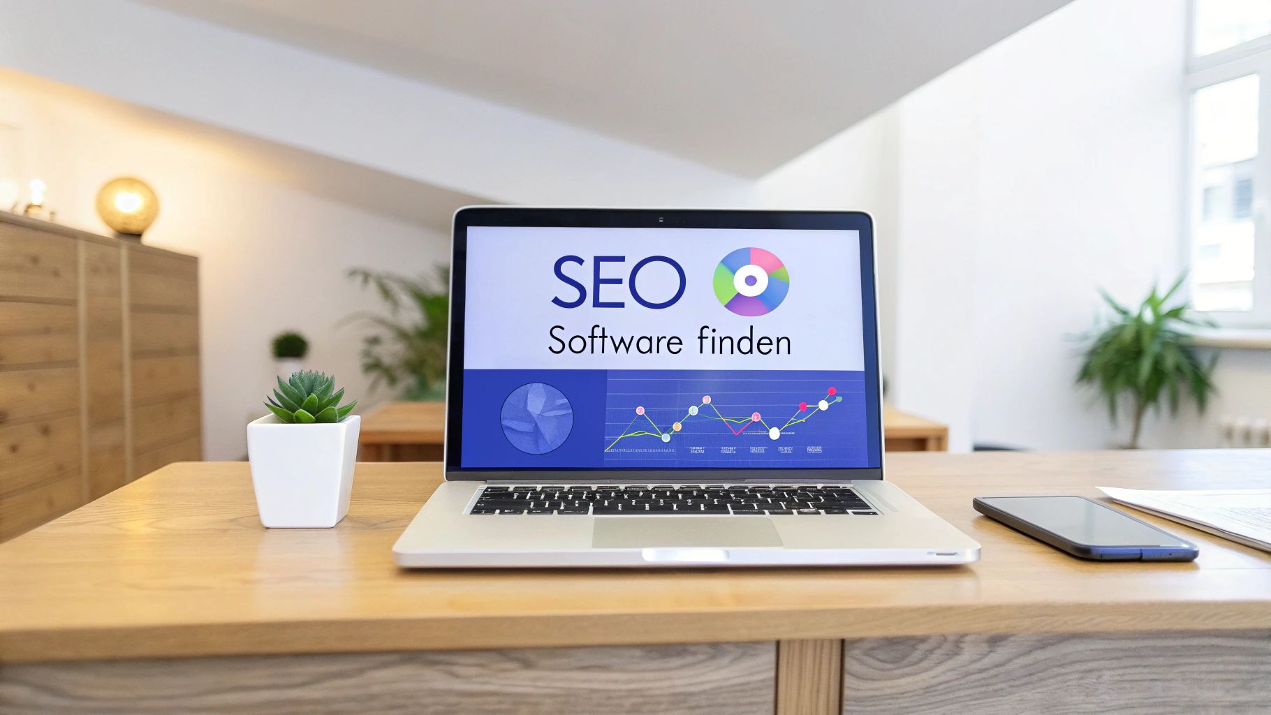 Unfolded laptop with charts and title “Find SEO Software”