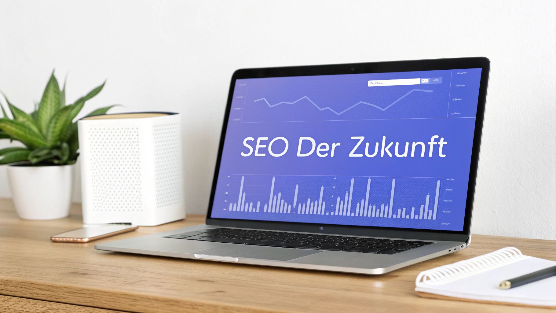Laptop auf Holzschreibtisch zeigt eine Grafik und den Text 'SEO Der Zukunft'. Daneben stehen eine Pflanze, ein weißes Gerät und ein Smartphone.