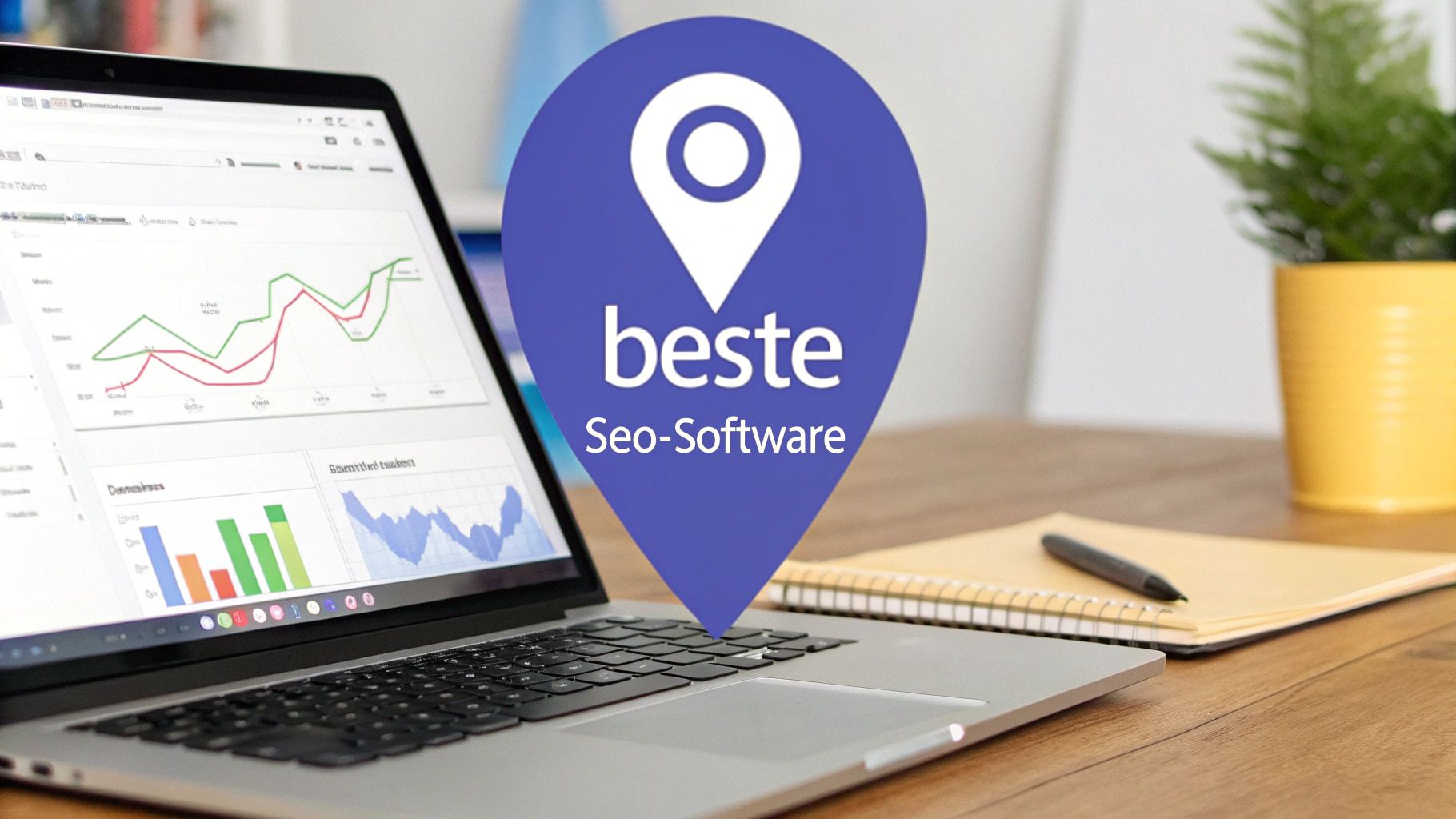 A laptop with open analysis charts stands on a wooden table, next to it a notepad and a yellow plant; in the middle is a big blue location icon with the inscription “best SEO software”