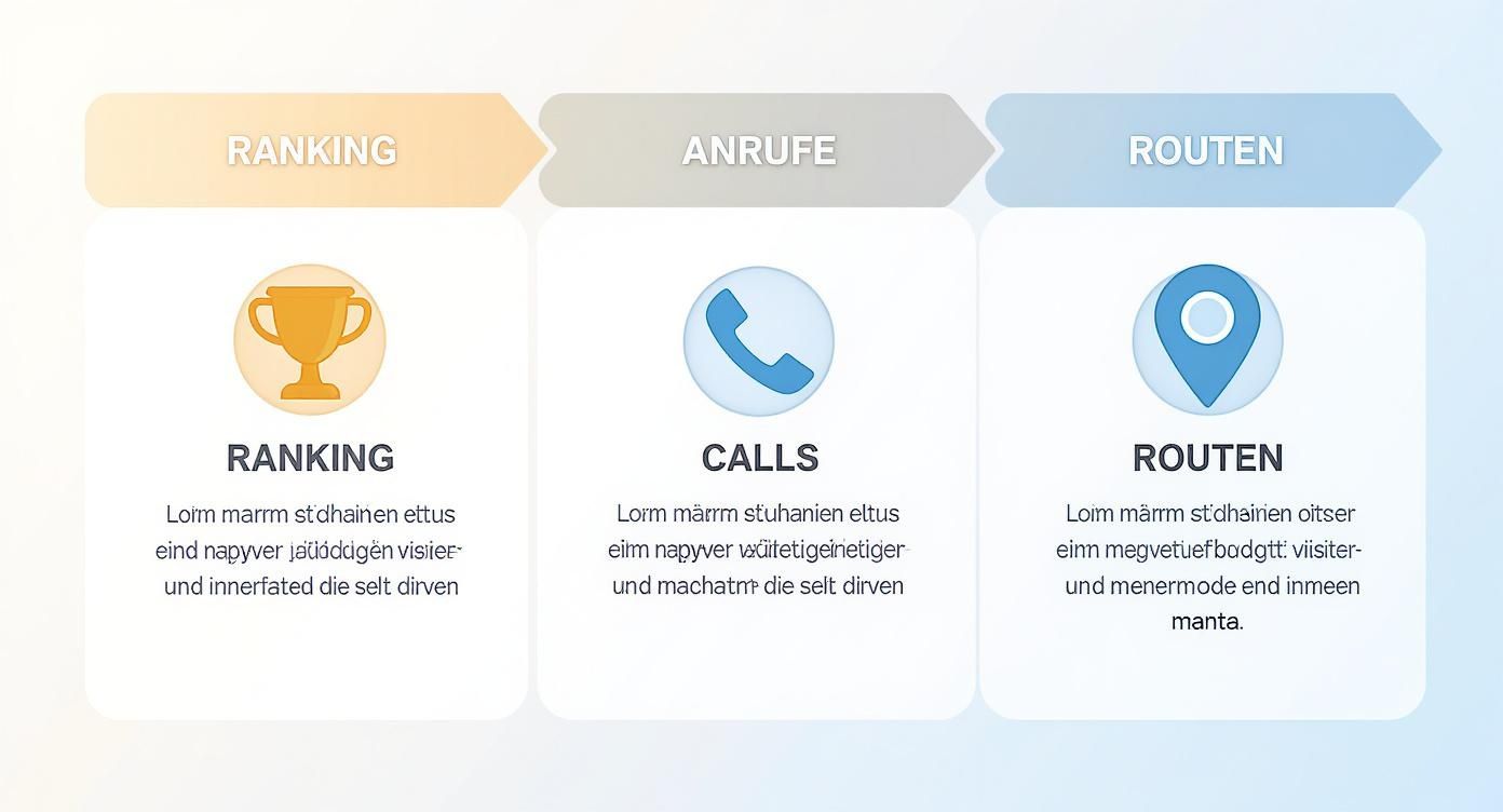 Drei-Schritt-Prozessdiagramm für lokales SEO: Ranking, Anrufe und Routen mit passenden Symbolen und Beschreibungen.